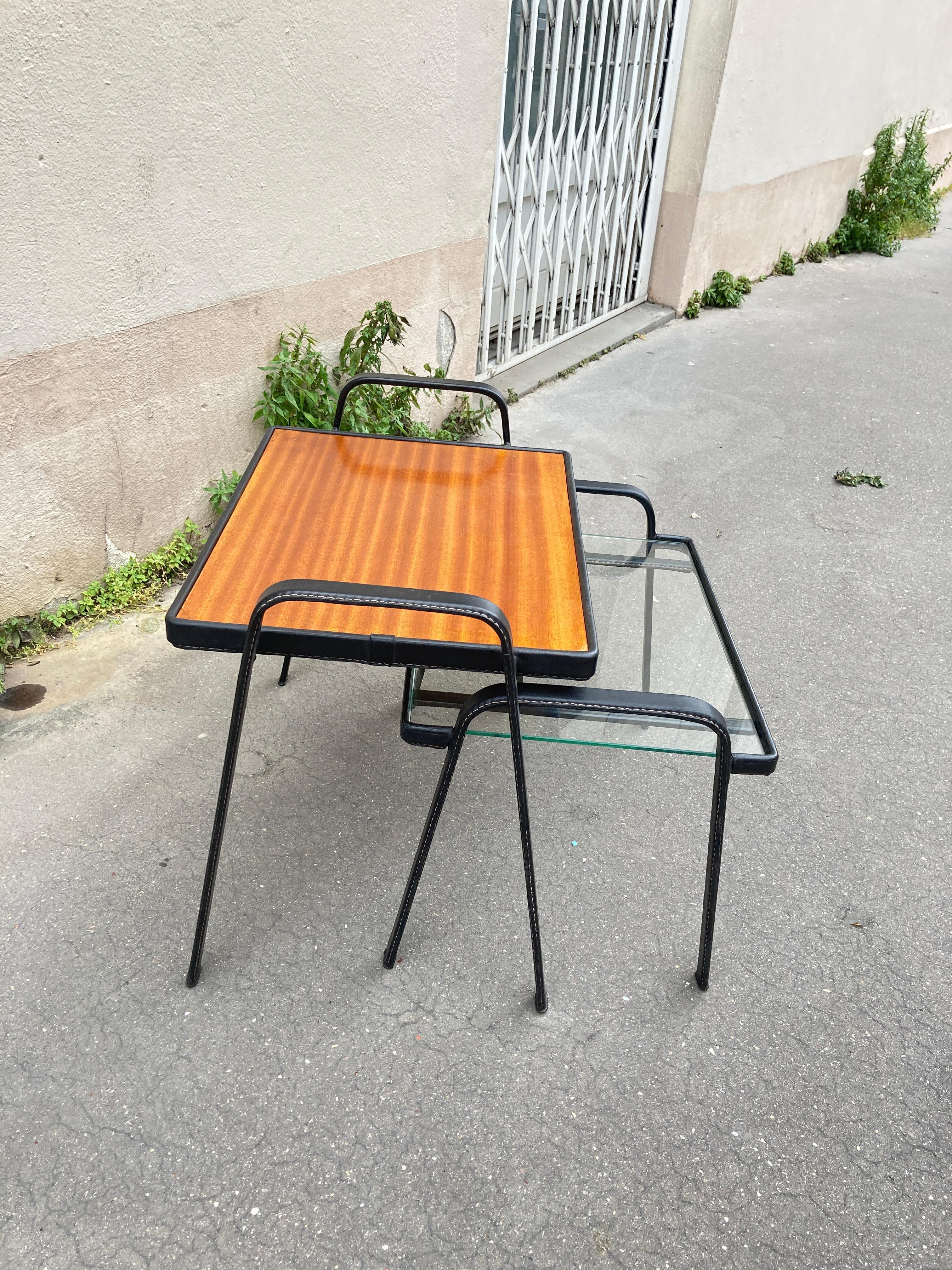 Mid-20th Century 1950's Stitched leather Nesting  tables by Jacques Adnet For Sale