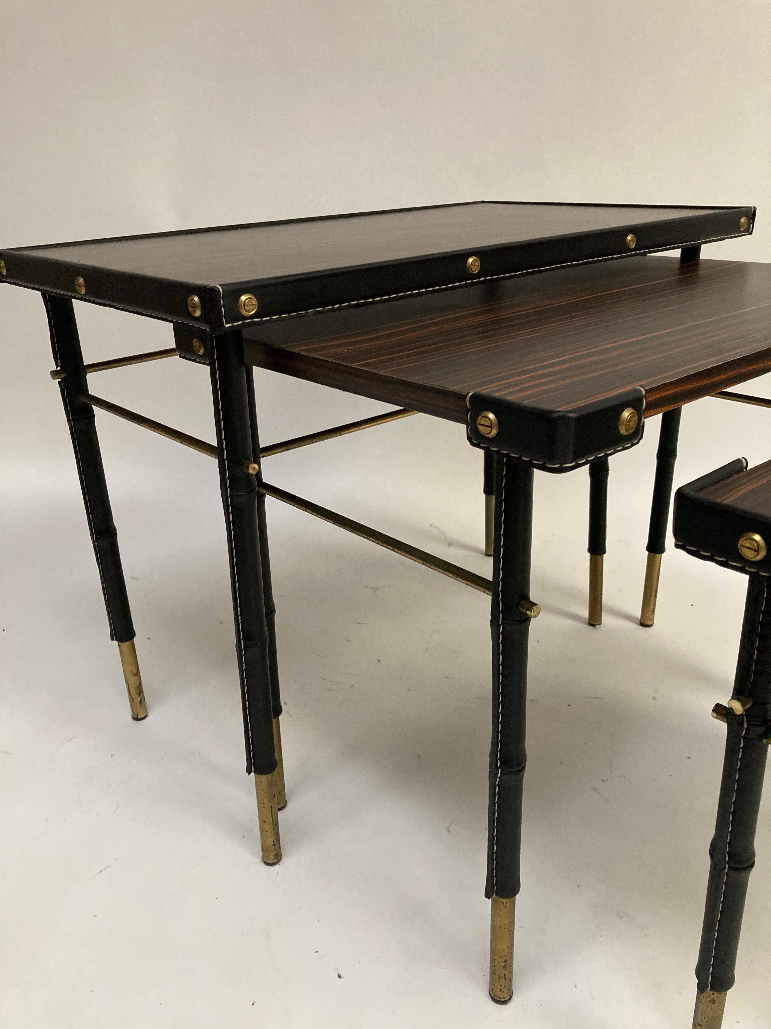 Mid-20th Century 1950's Stitched Leather Nesting Tables by Jacques Adnet For Sale
