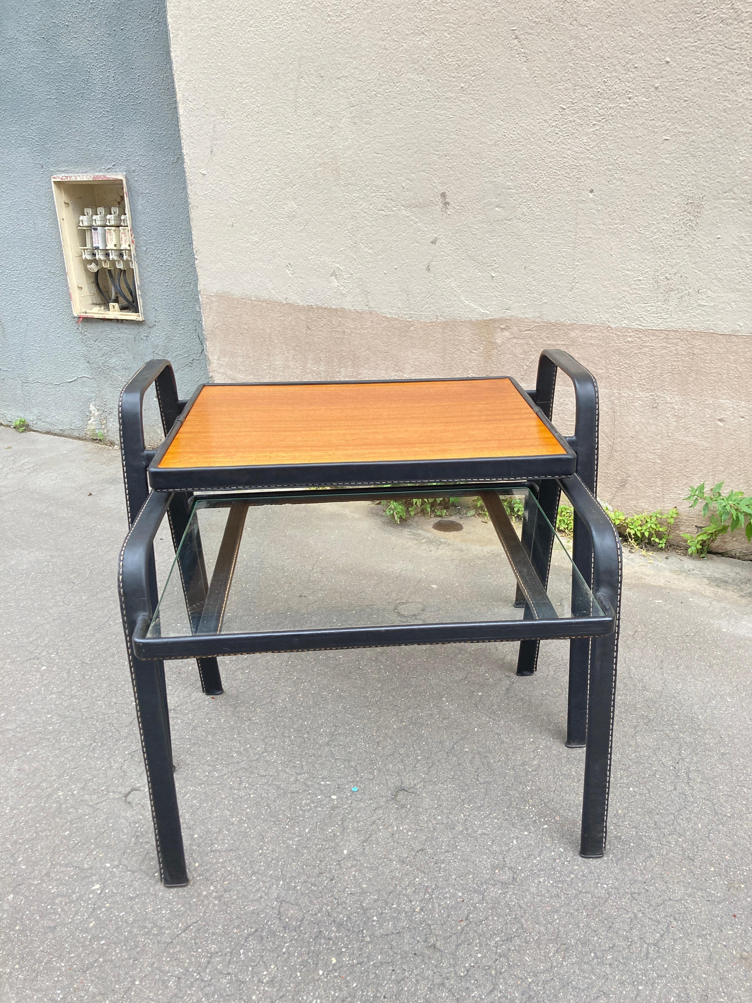 Leather 1950's Stitched leather Nesting  tables by Jacques Adnet For Sale