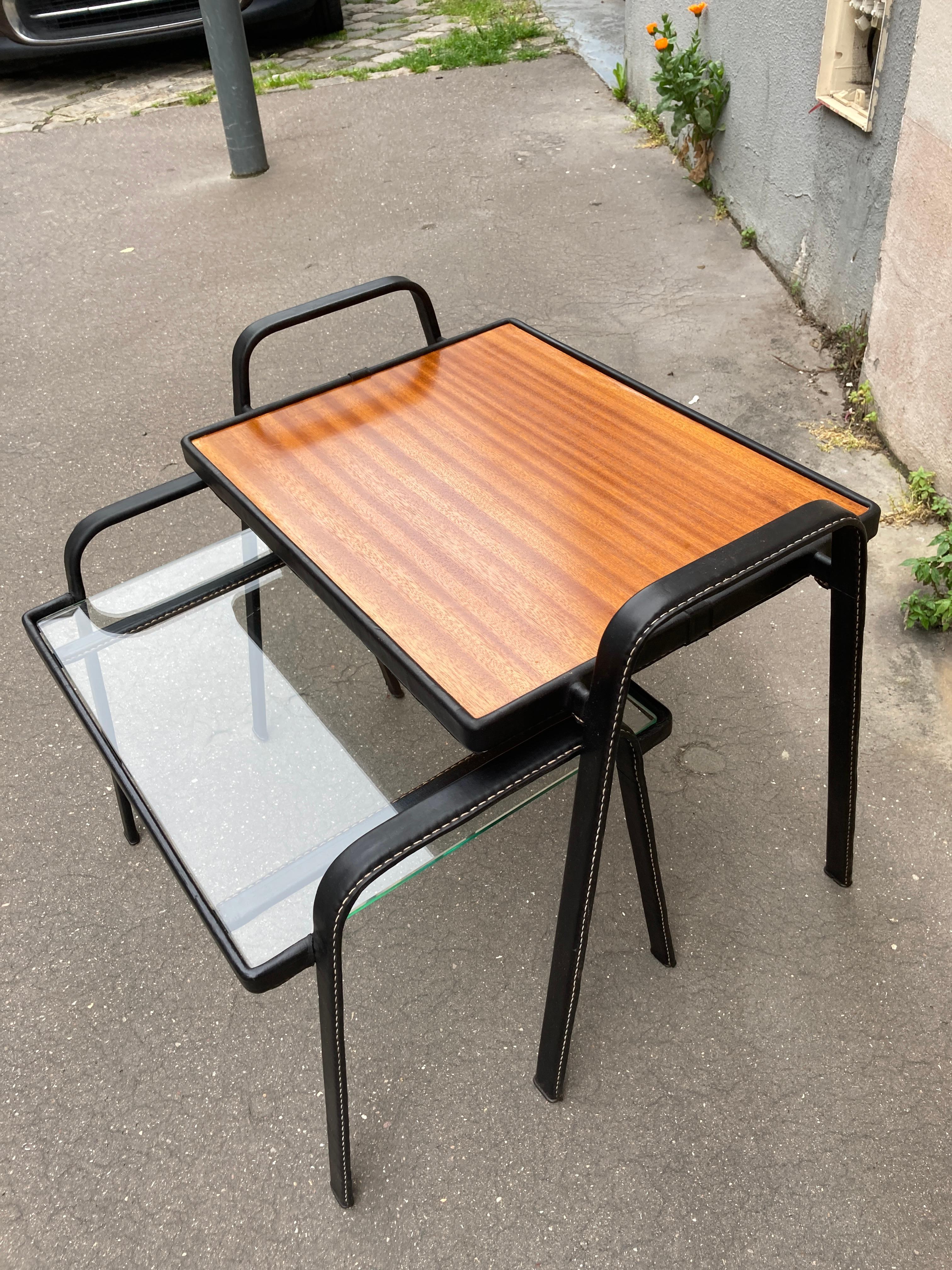 1950's Stitched leather Nesting  tables by Jacques Adnet For Sale 1