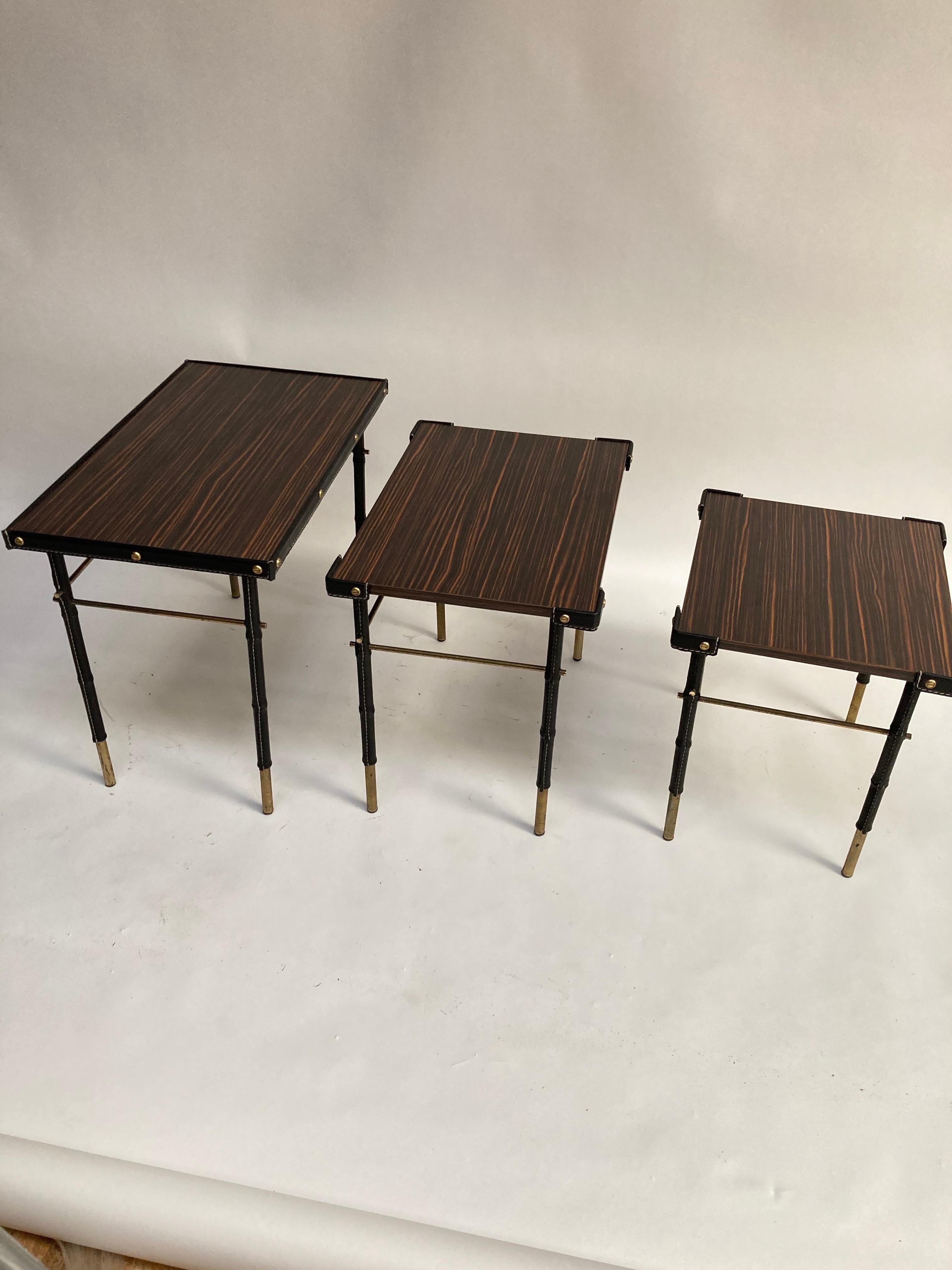 1950's Stitched Leather Nesting Tables by Jacques Adnet For Sale 1