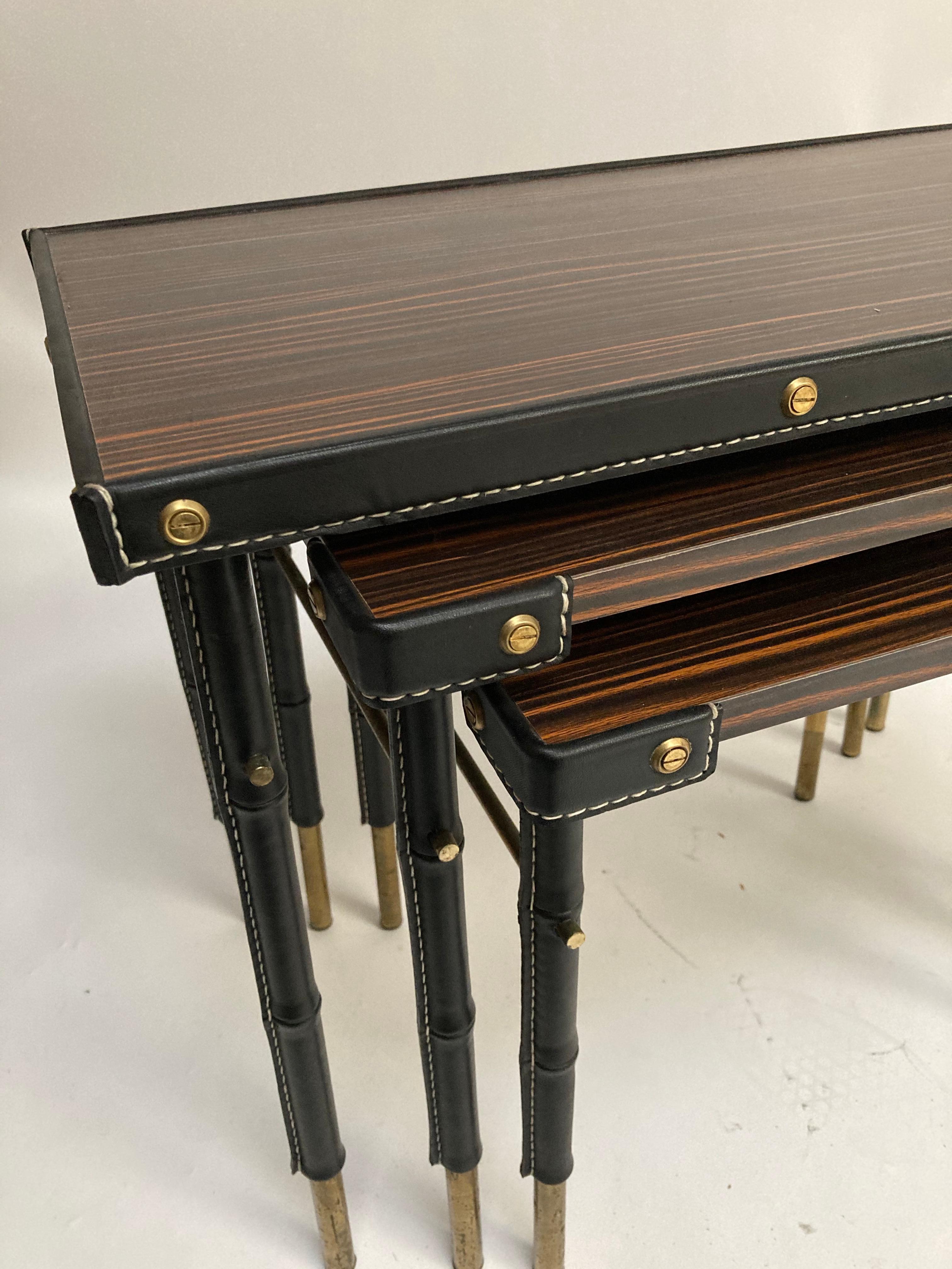 1950's Stitched Leather Nesting Tables by Jacques Adnet For Sale 3