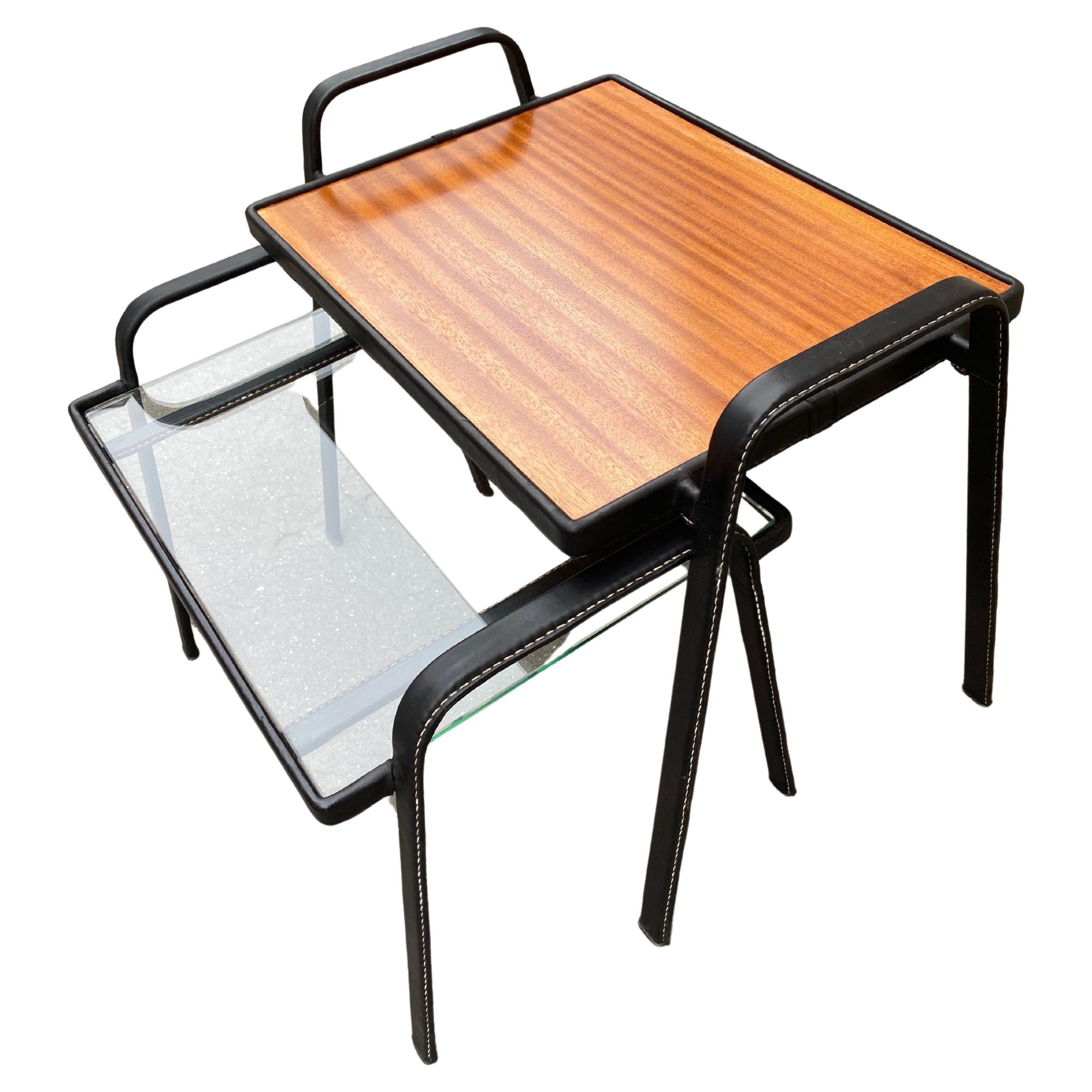1950's Stitched leather Nesting  tables by Jacques Adnet For Sale