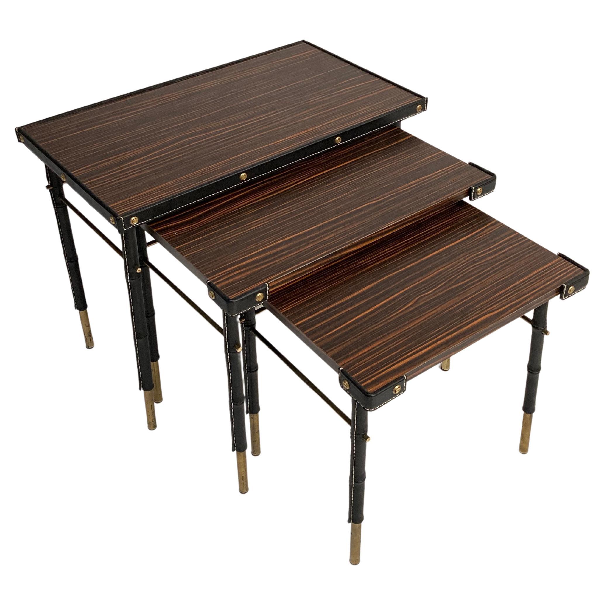 1950's Stitched Leather Nesting Tables by Jacques Adnet