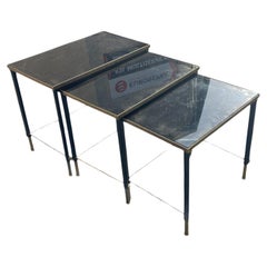 1950's Stitched leather nesting tables by Jacques Adnet