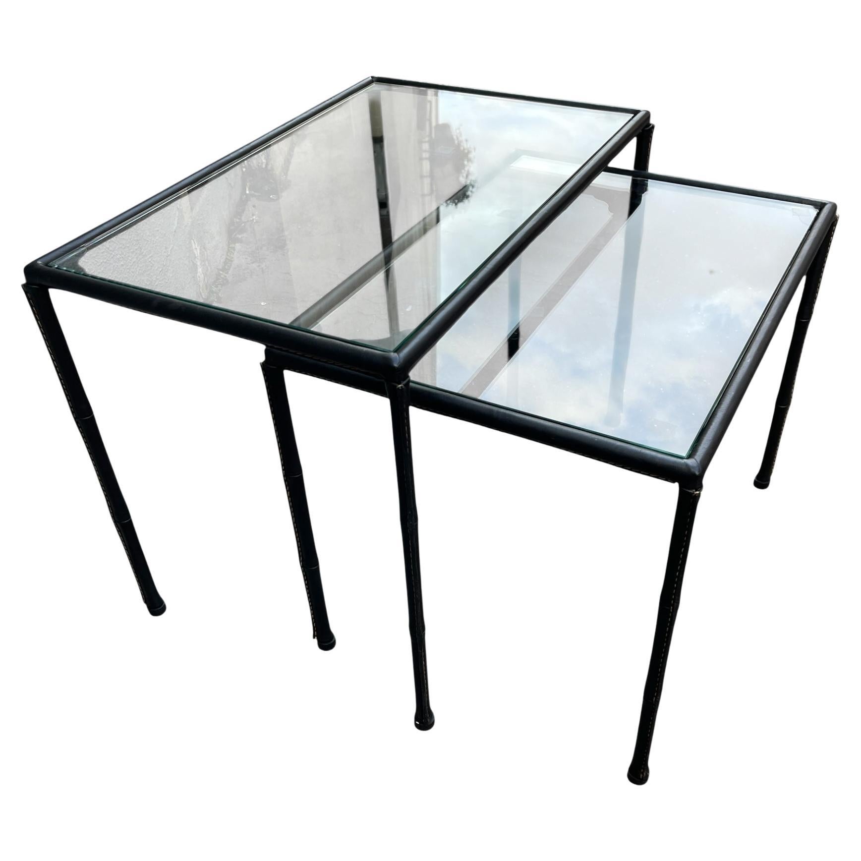 1950's Stitched leather nesting tables or side tables by Jacques Adnet