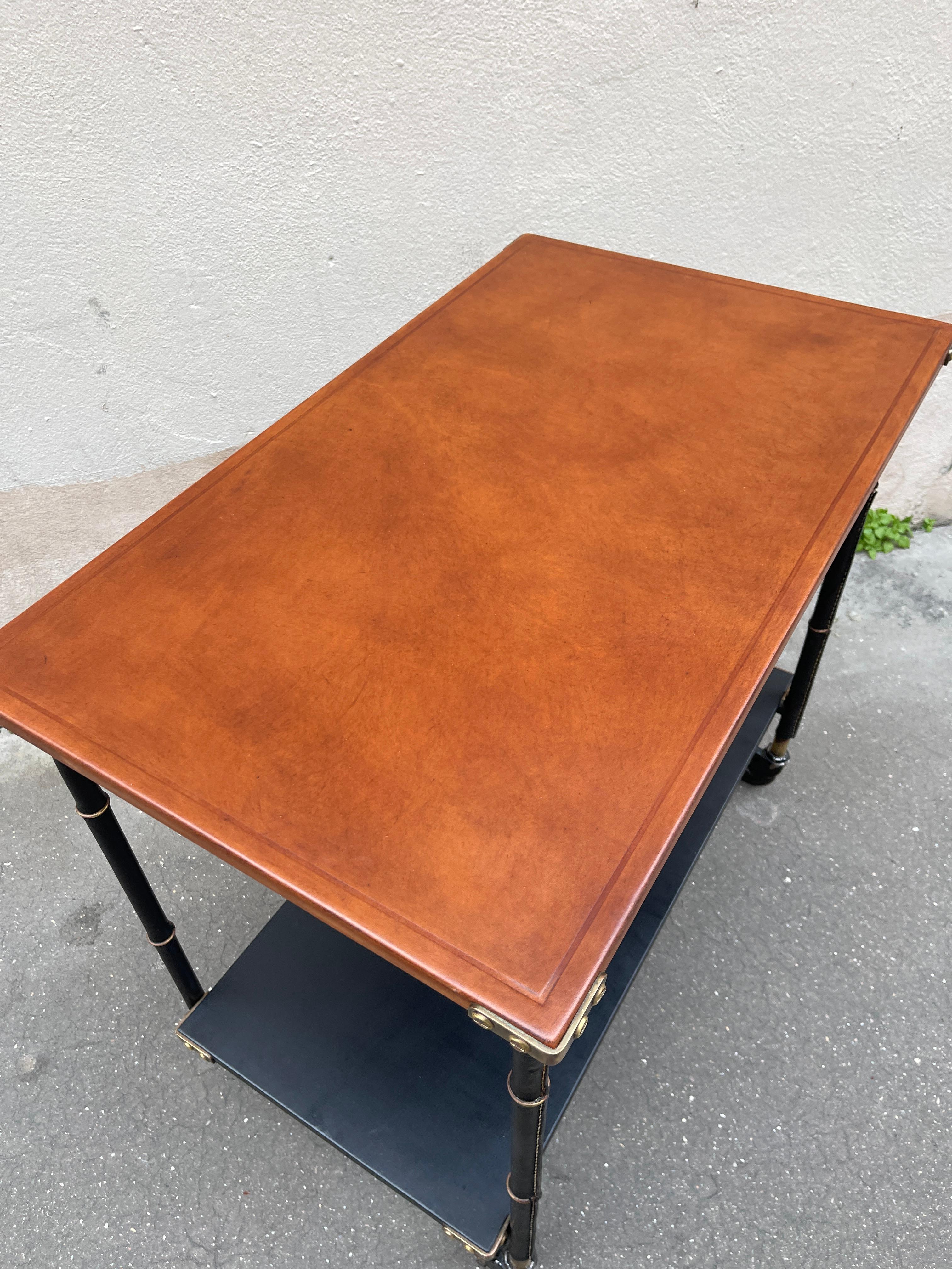 European 1950's Stitched leather occasional table by Jacques Adnet For Sale