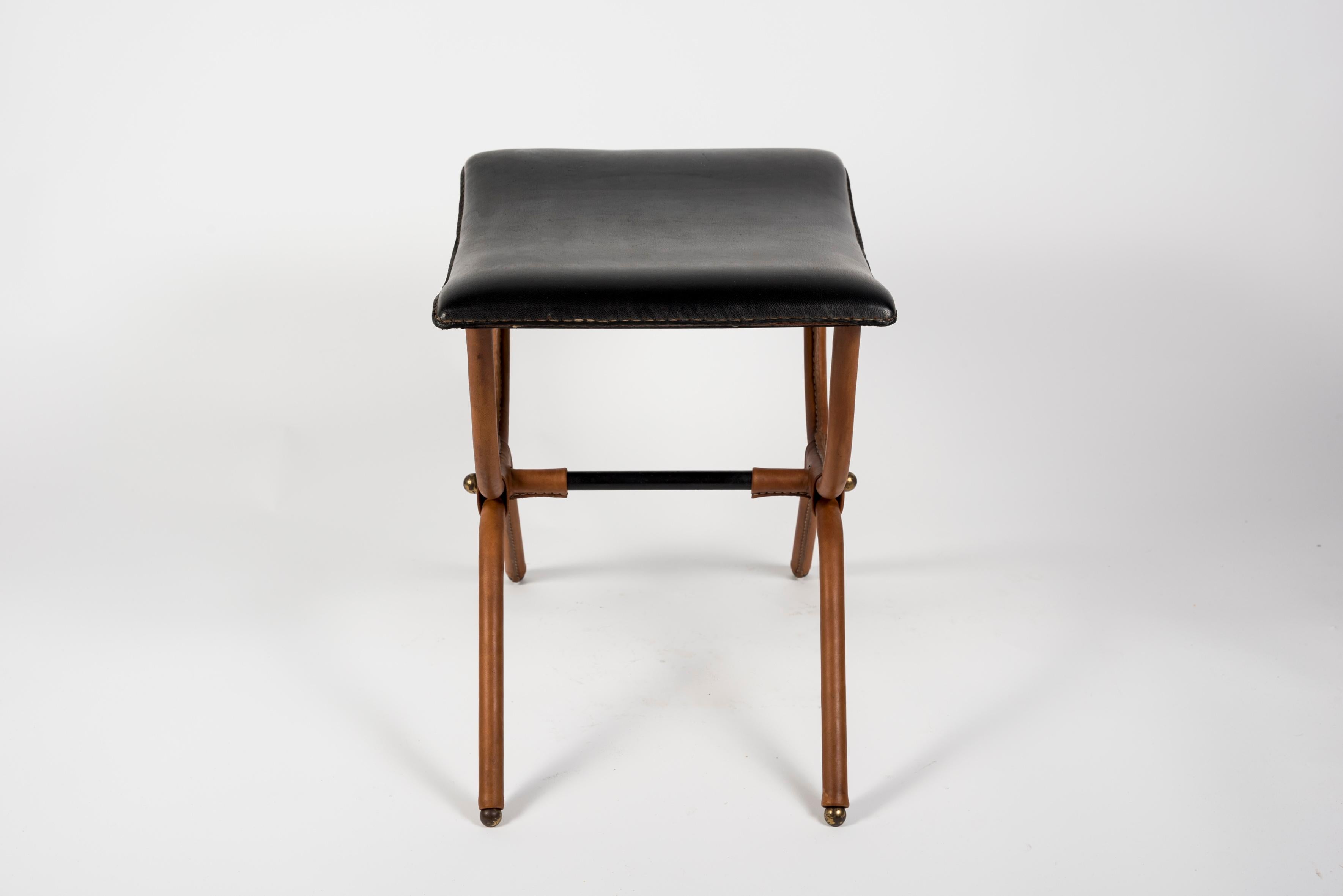 1950's Stitched Leather Ottoman by Jacques Adnet 1