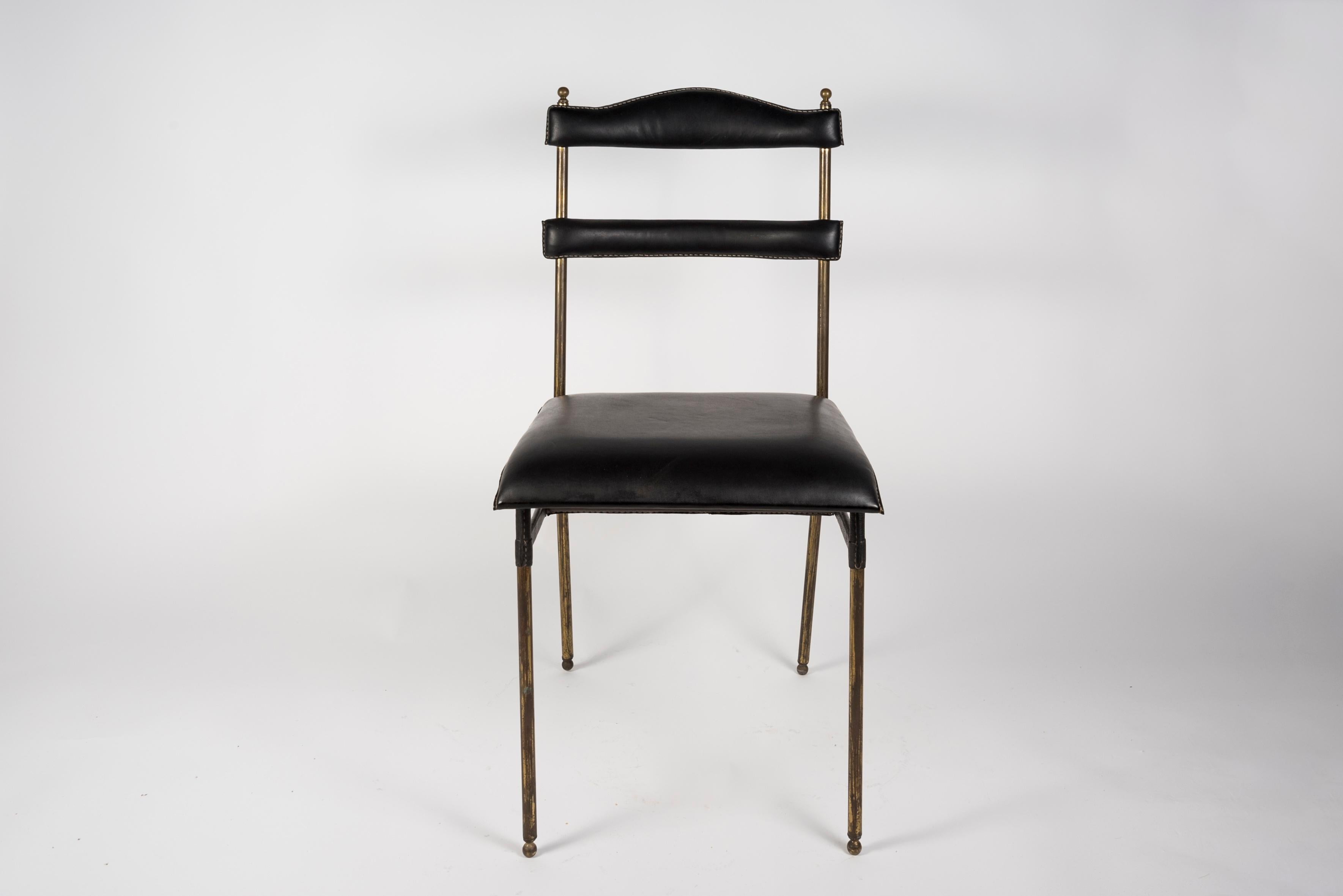 1950's Stitched Leather Pair of Chairs by Jacques Adnet For Sale 2