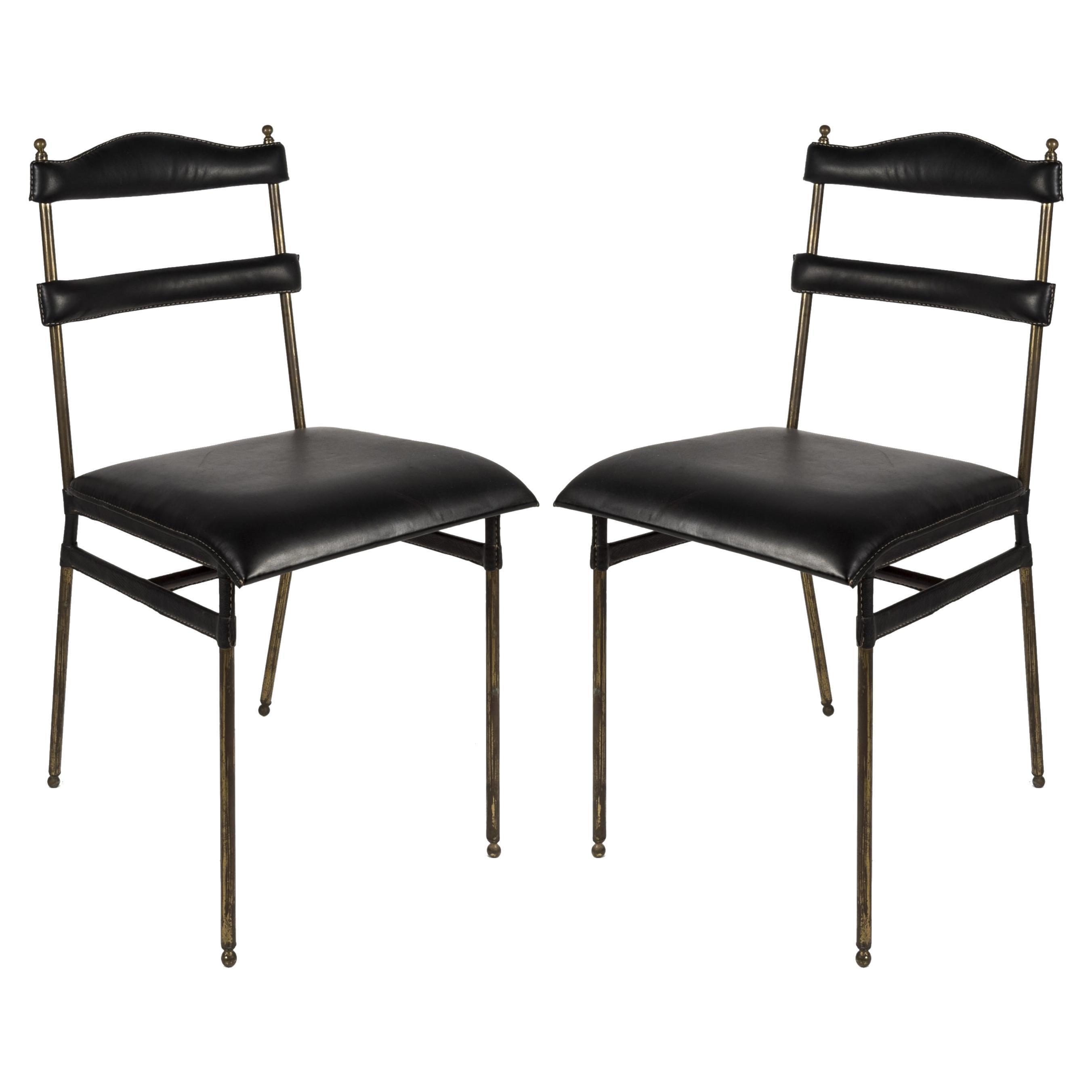 1950's Stitched Leather Pair of Chairs by Jacques Adnet For Sale
