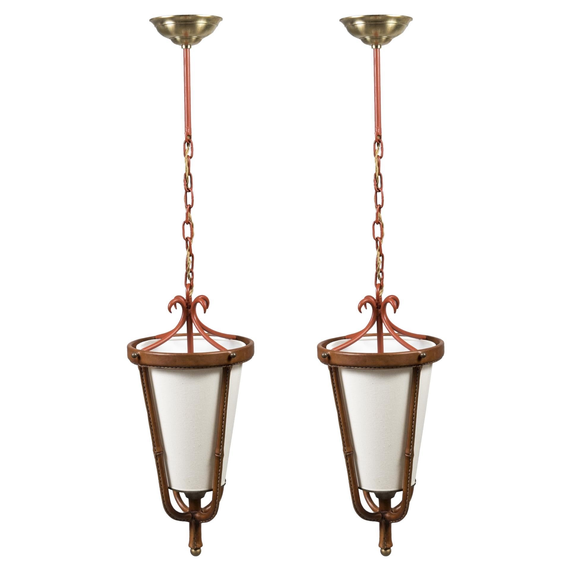 1950's Stitched Leather Pair of Lanterns of Lantern by Jacques Adnet