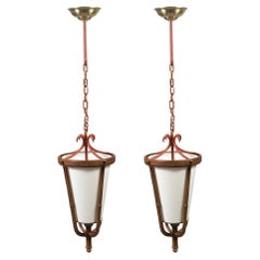 Vintage 1950's Stitched Leather Pair of Lanterns of Lantern by Jacques Adnet
