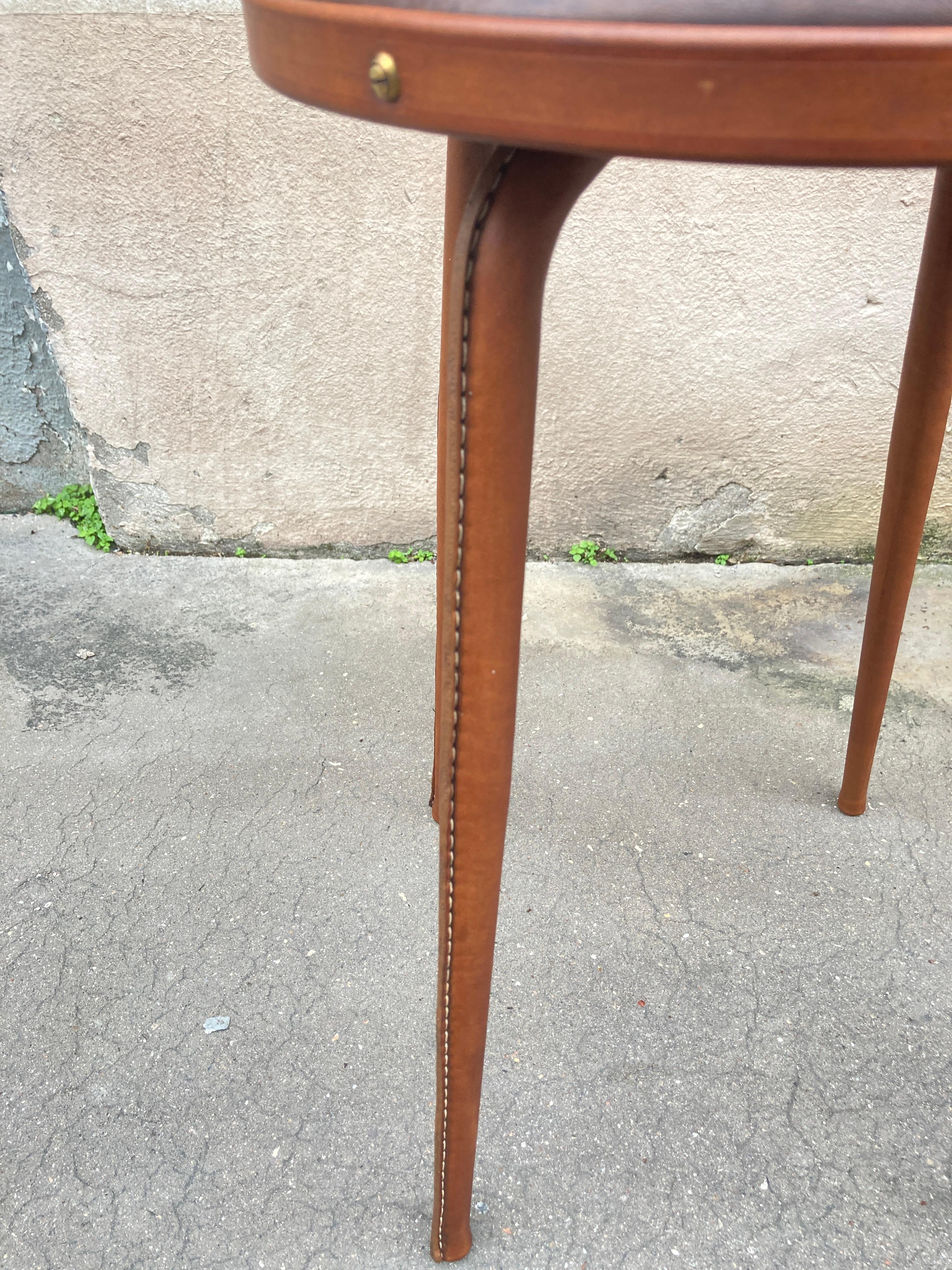 Mid-20th Century 1950's Stitched Leather pair of stools by Jacques Adnet