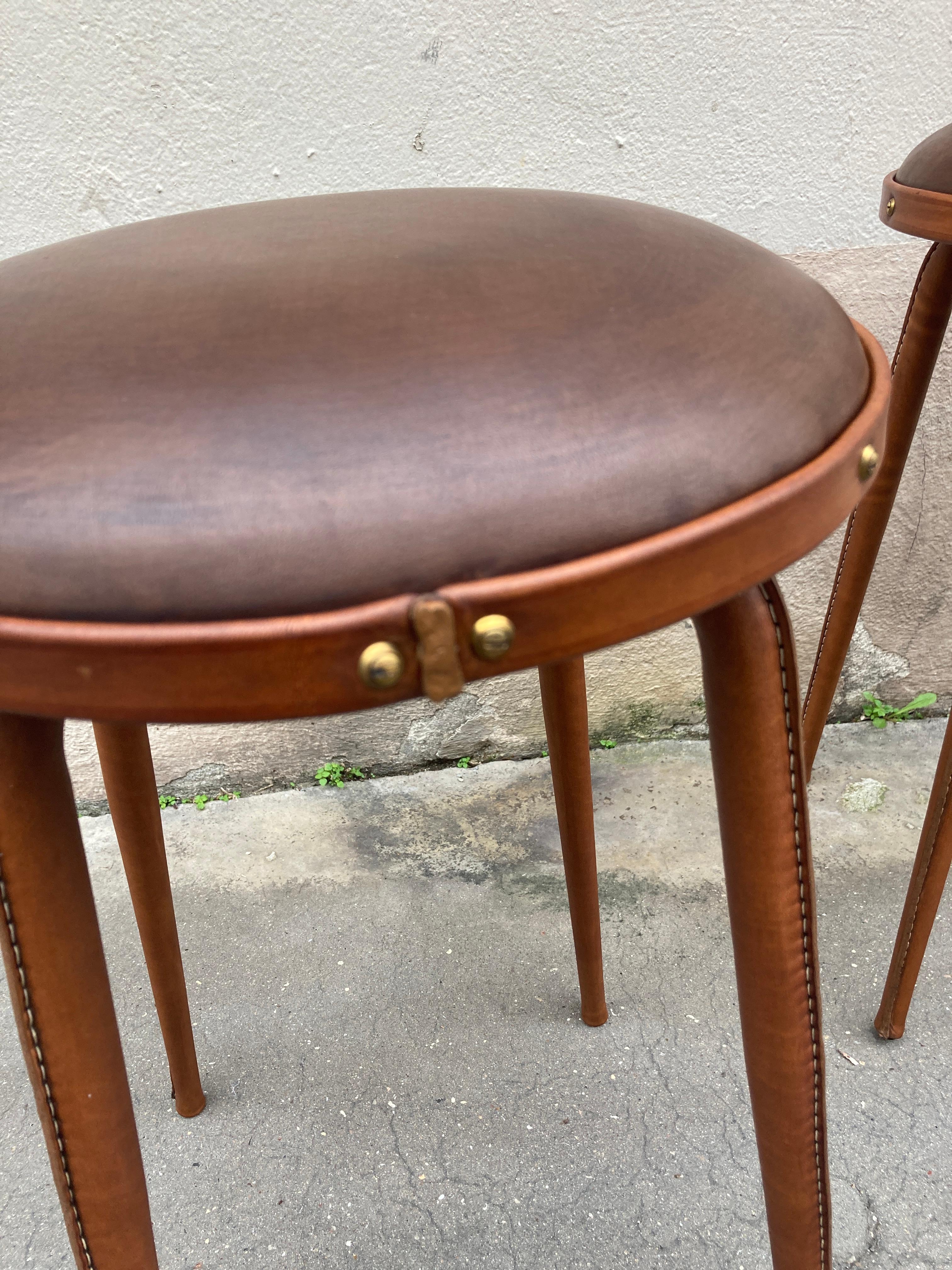 1950's Stitched Leather pair of stools by Jacques Adnet 1