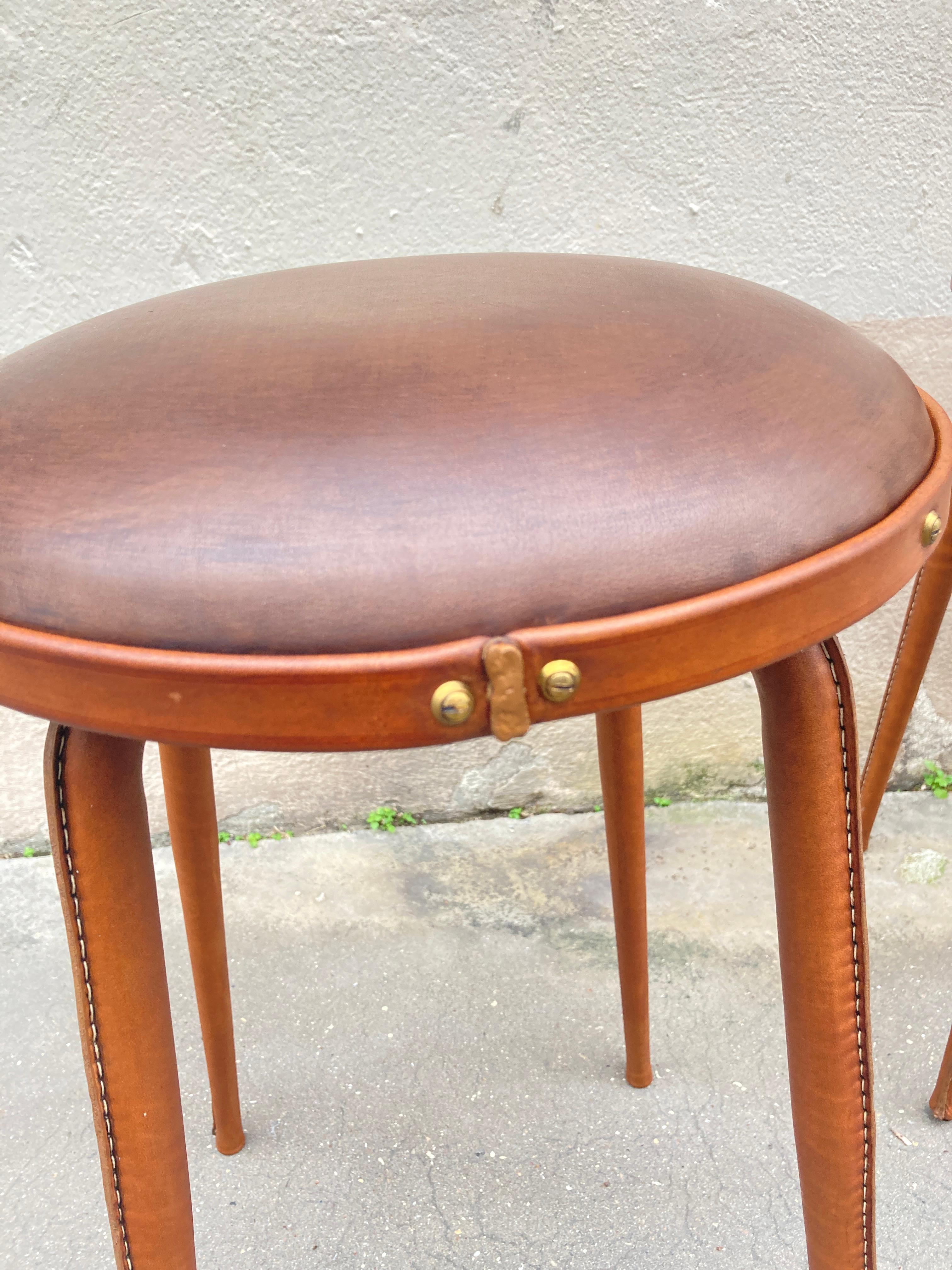 1950's Stitched Leather pair of stools by Jacques Adnet 2