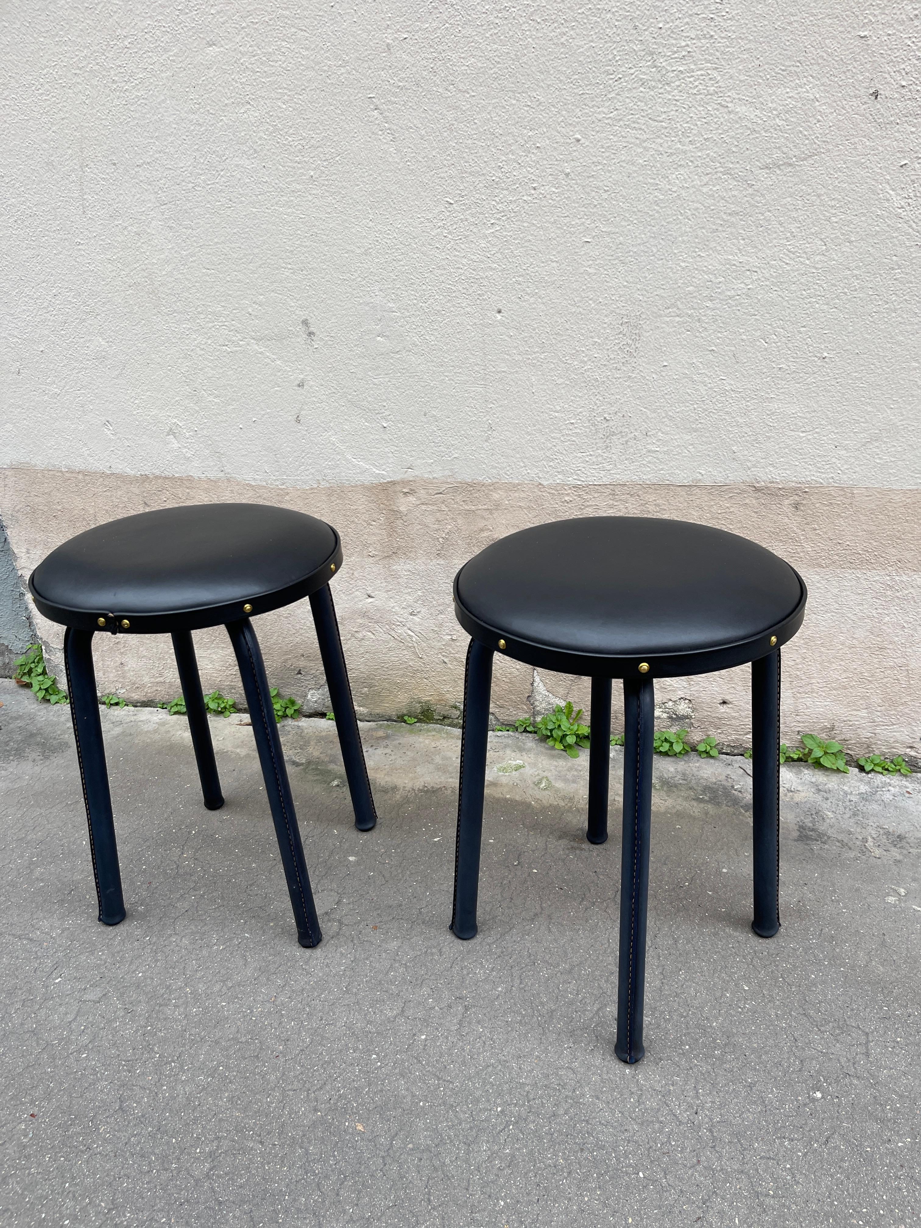 1950's Stitched leather pair of stools by Jacques Adnet For Sale 1