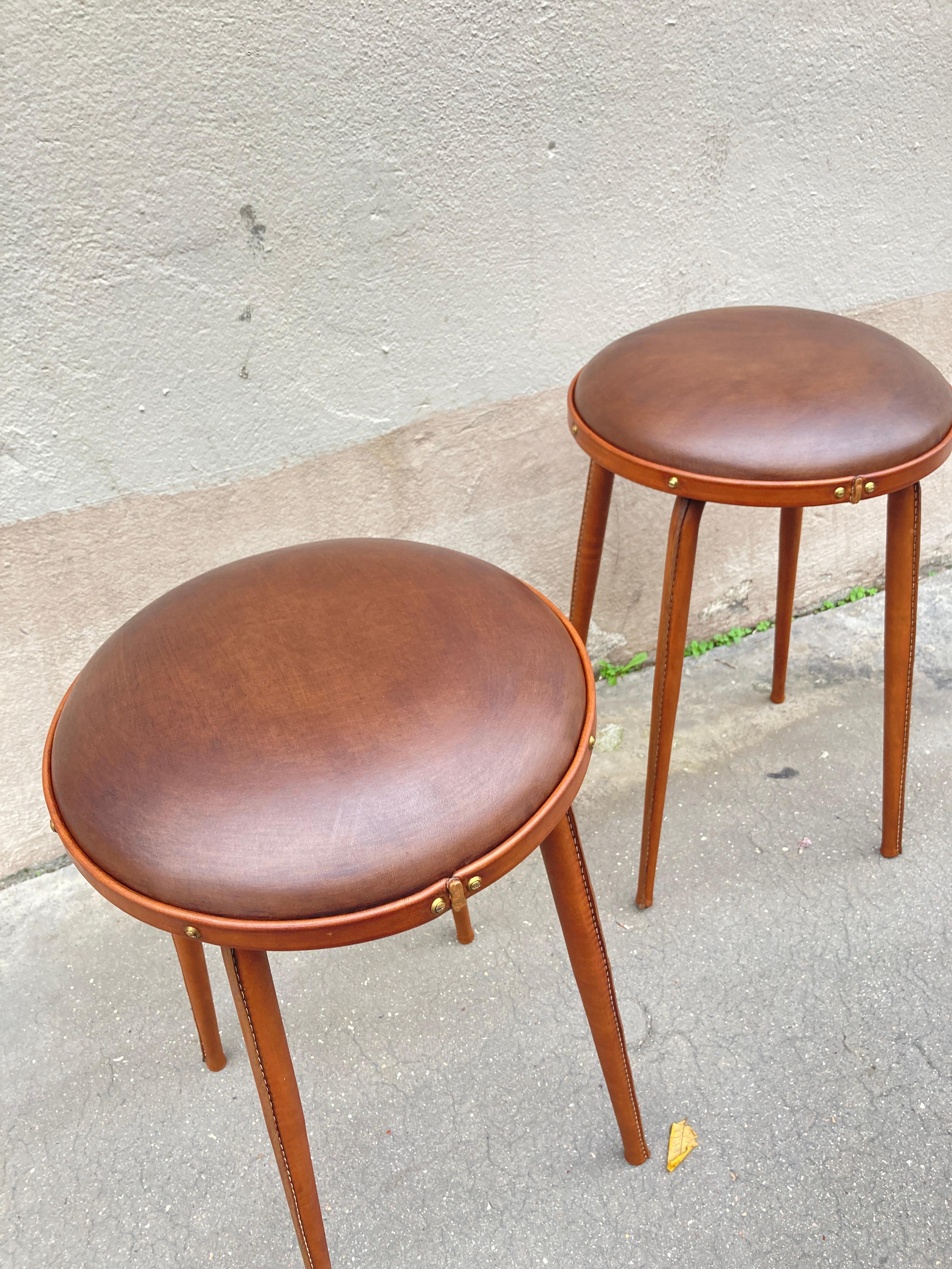 1950's Stitched Leather pair of stools by Jacques Adnet 3
