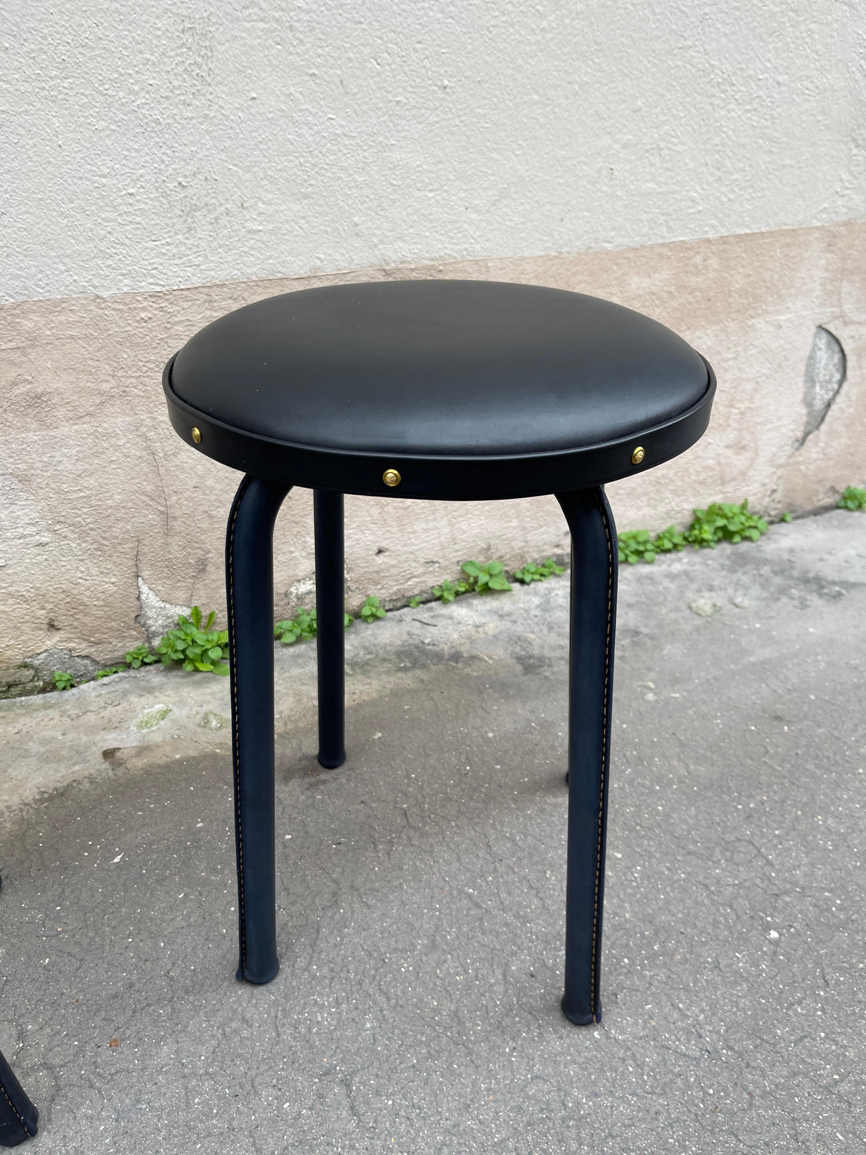 1950's Stitched leather pair of stools by Jacques Adnet For Sale 2