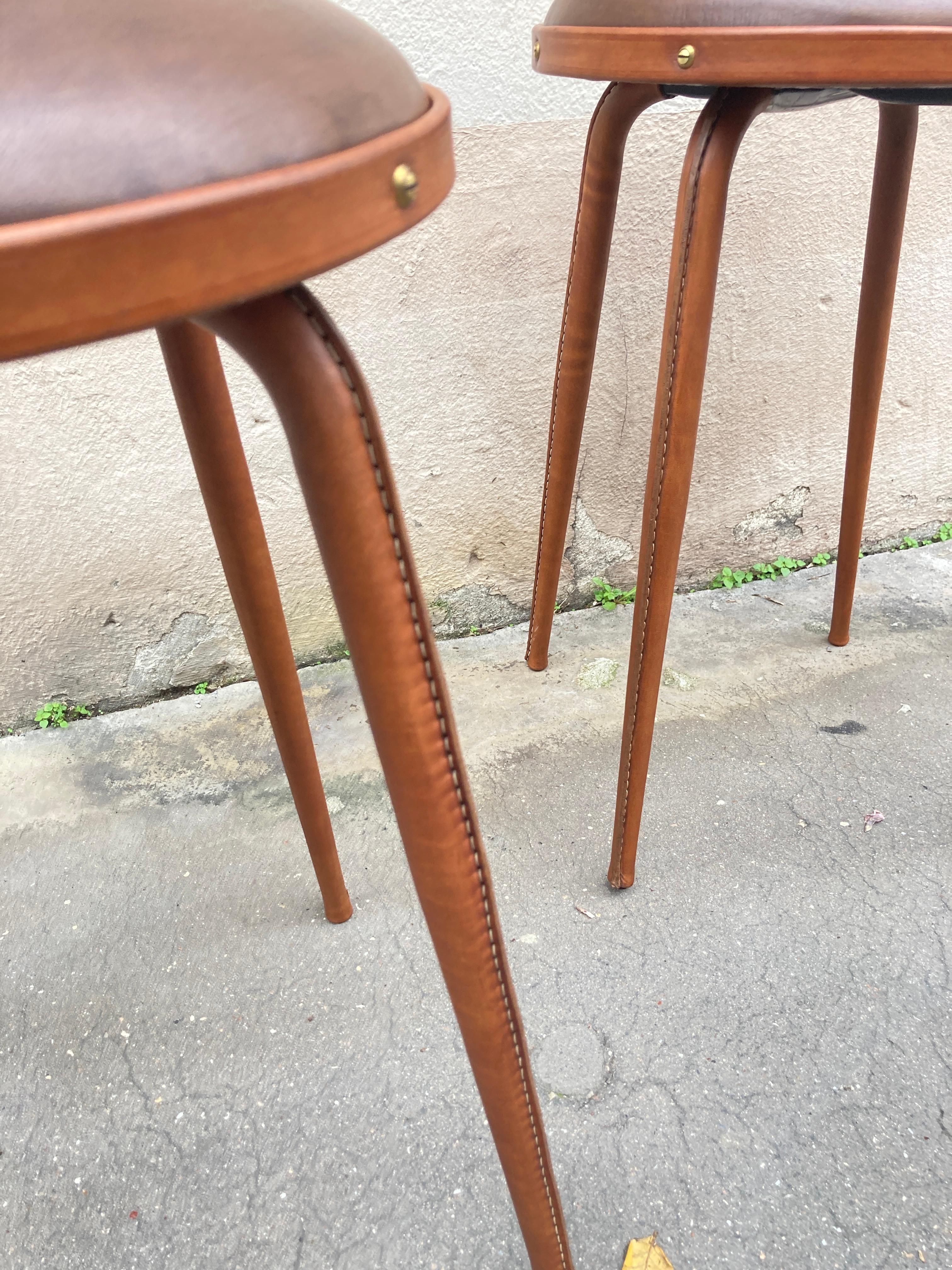 1950's Stitched Leather pair of stools by Jacques Adnet 4