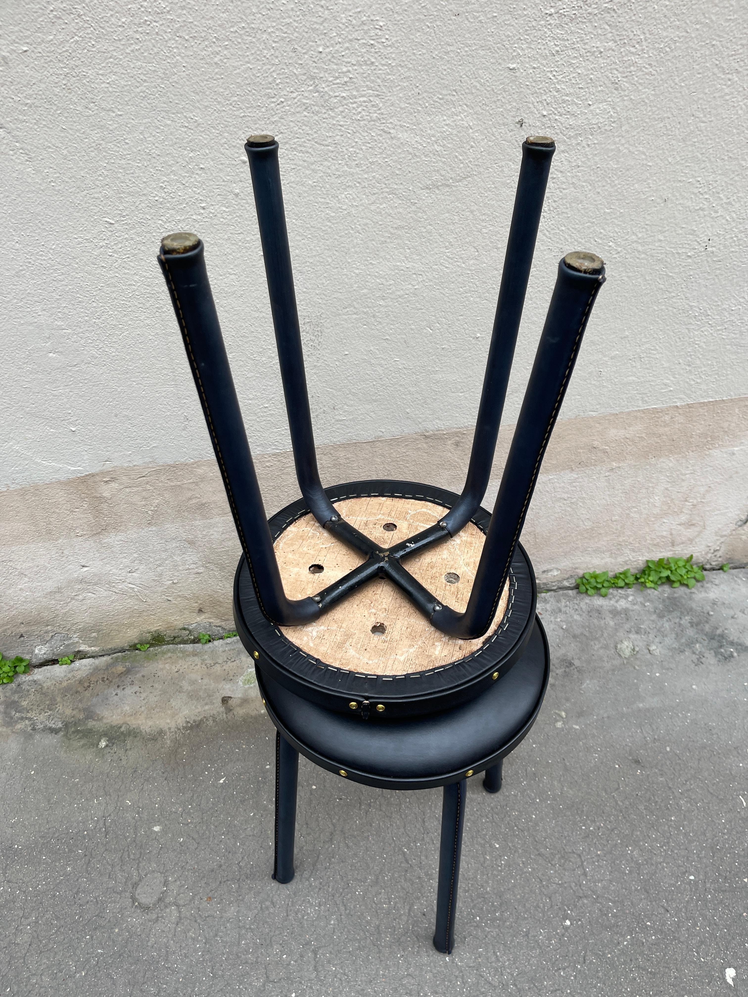 1950's Stitched leather pair of stools by Jacques Adnet For Sale 3