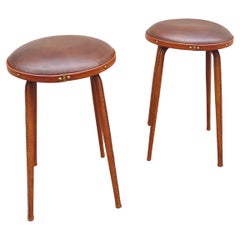 1950's Stitched Leather pair of stools by Jacques Adnet