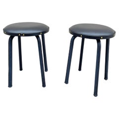 1950's Stitched leather pair of stools by Jacques Adnet