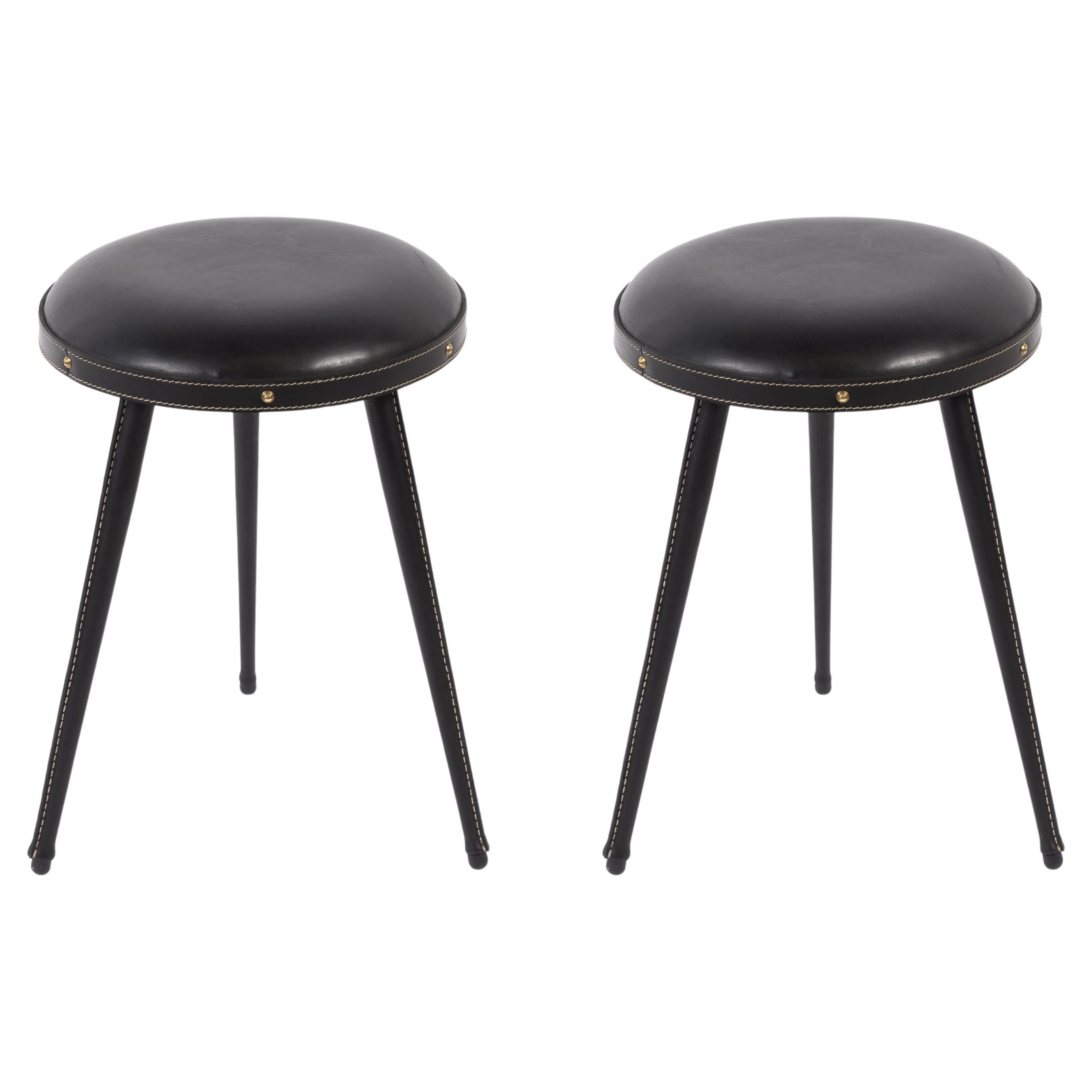 1950's Stitched Leather Pair of Stools by Jacques Adnet