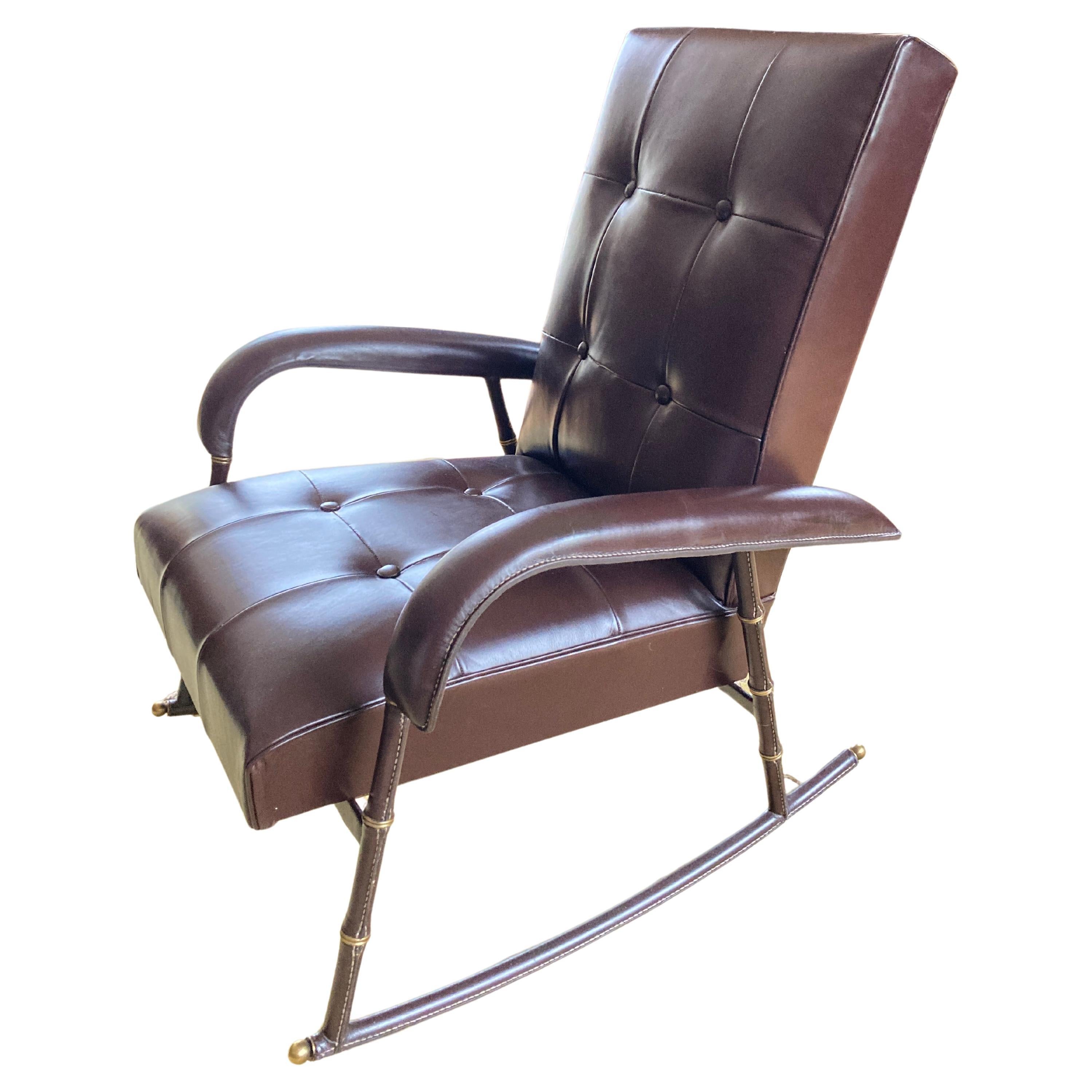 Rocking chair en cuir Stitch by Jacques Adnet, 1950 en vente