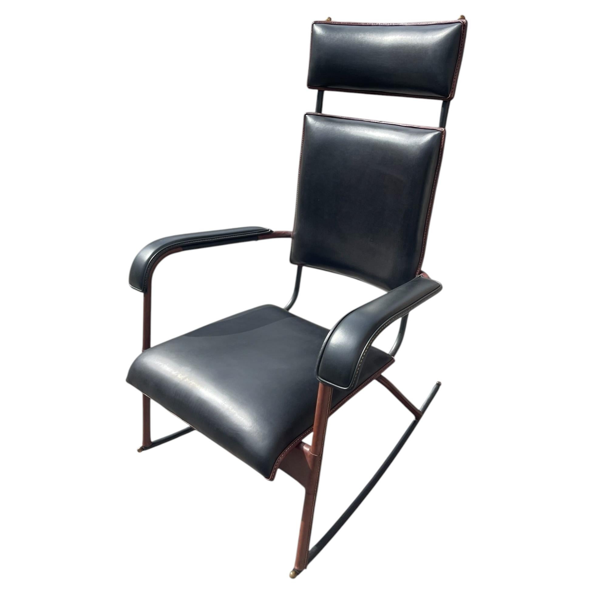 1950's Stitched leather rocking chair by Jacques Adnet