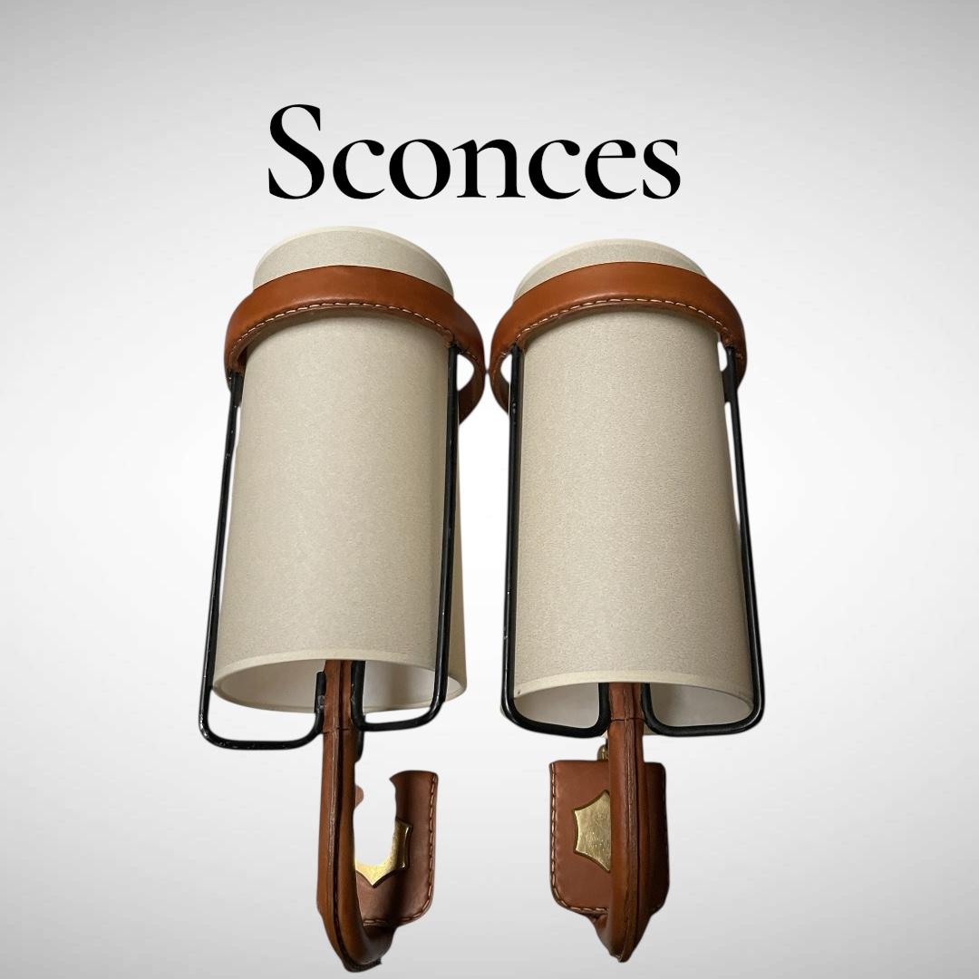 1950's Stitched leather sconces by Jacques Adnet en Bueno estado para la venta en Bois-Colombes, FR