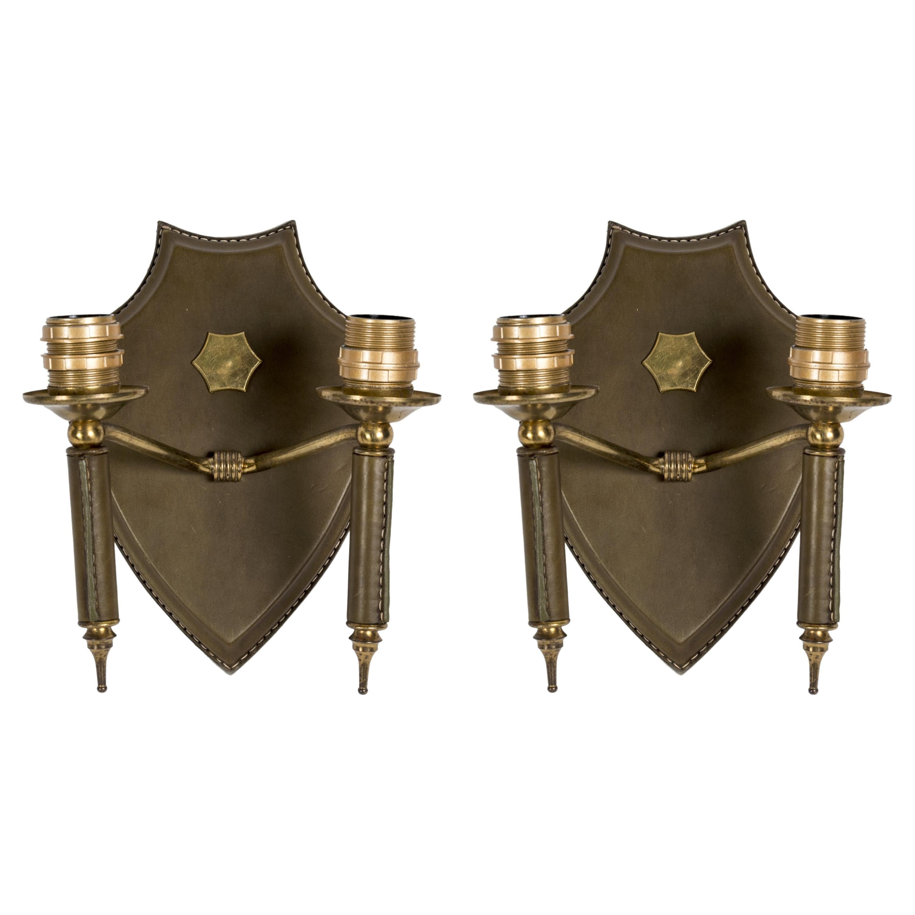 1950's Stitched Leather Sconces by Jacques Adnet