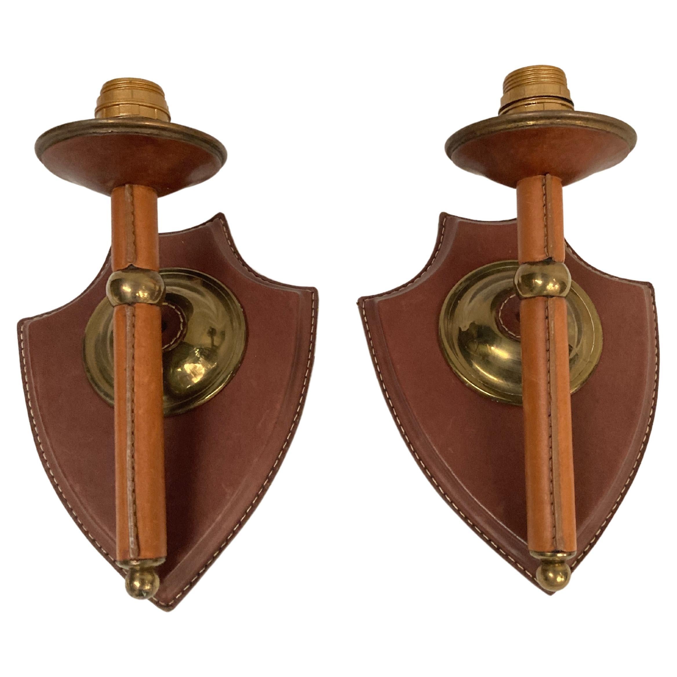 1950's Stitched leather sconces by Jacques Adnet