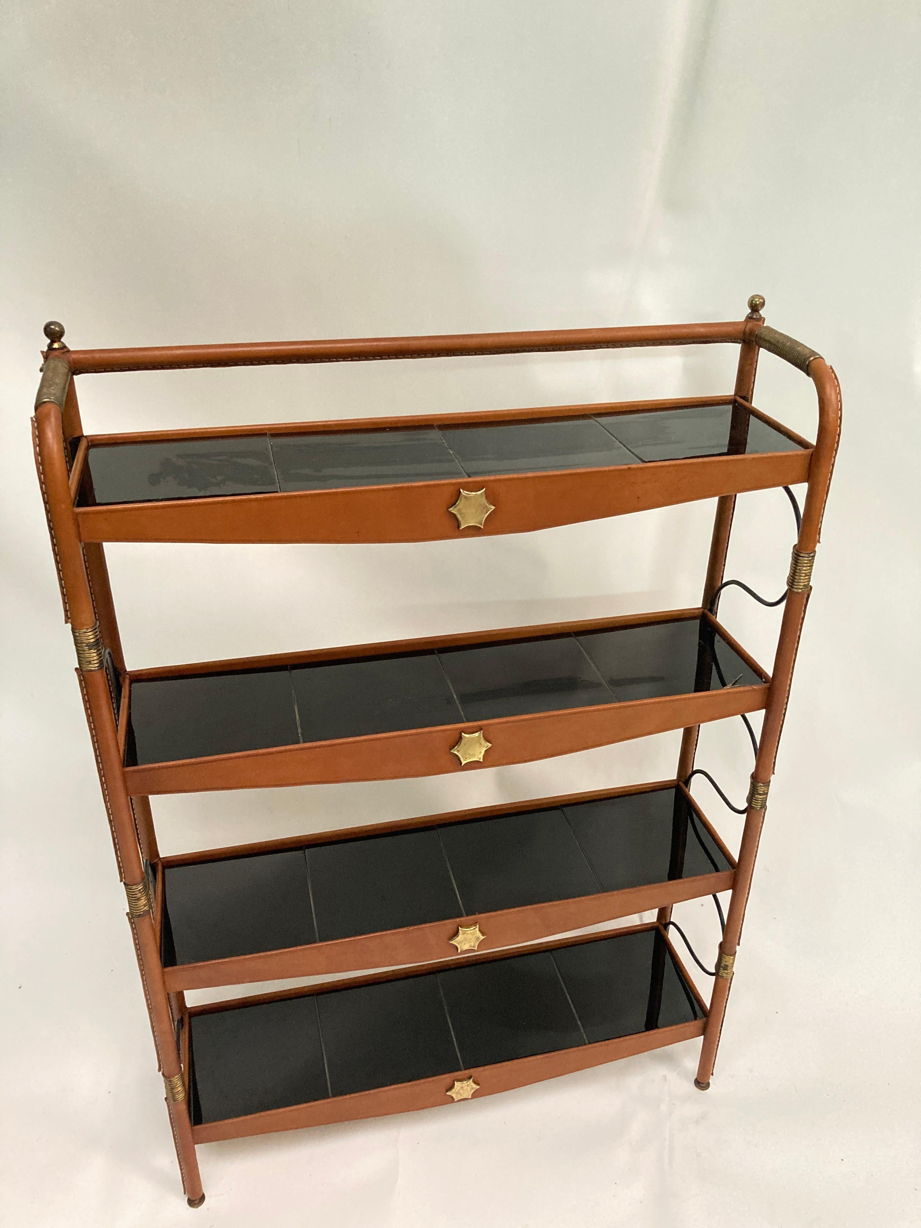 European 1950's Stitched Leather shelves by Jacques Adnet For Sale