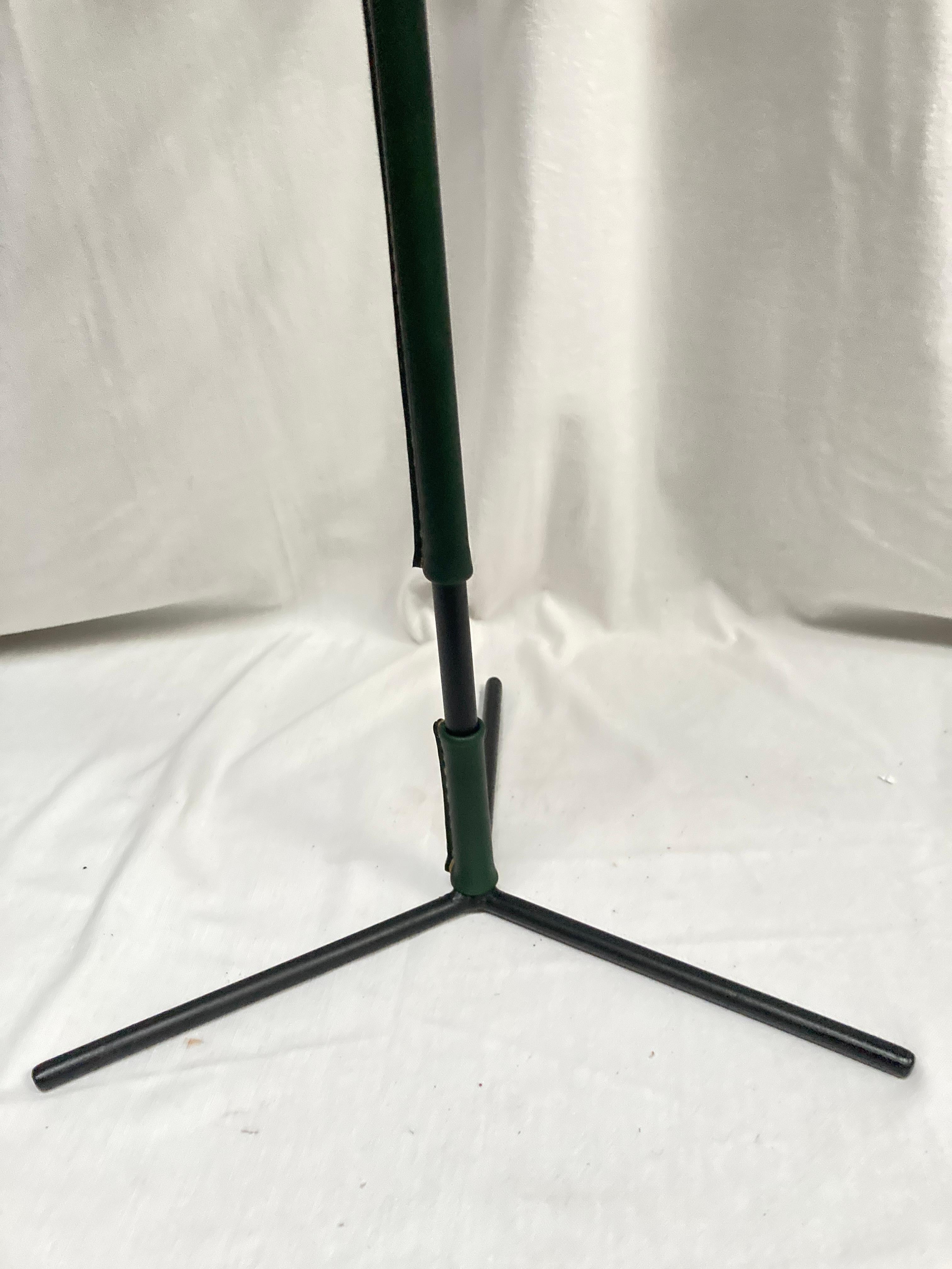 Rare side table in metal and stitched green leather 
Designed by Jacques Adnet