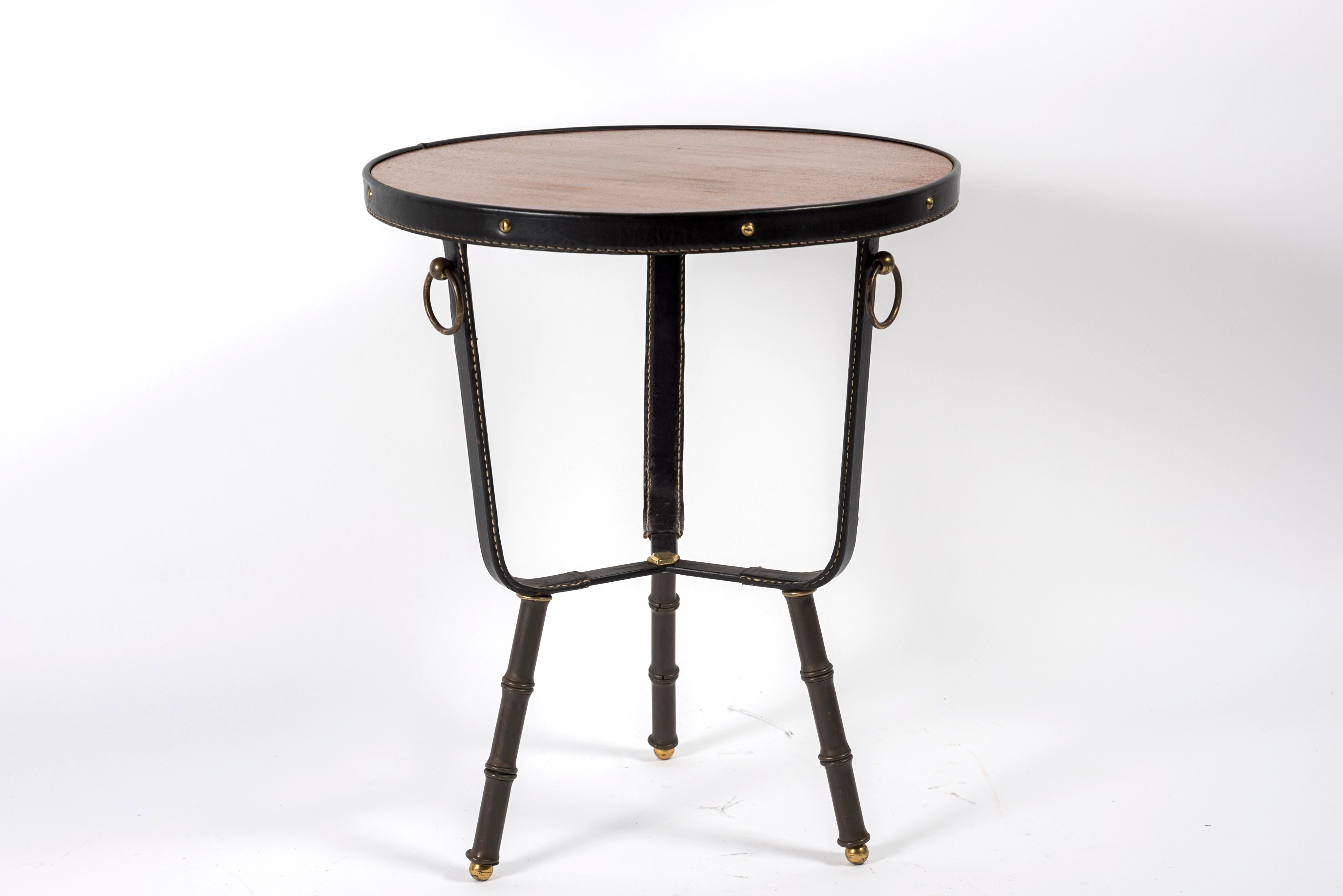 1950's stitched leather side table by Jacques Adnet
France.