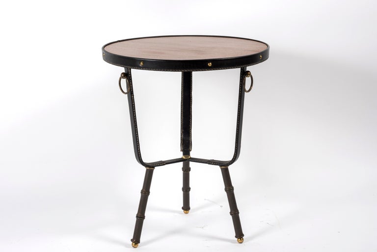 1950's stitched leather side table by Jacques Adnet
France.