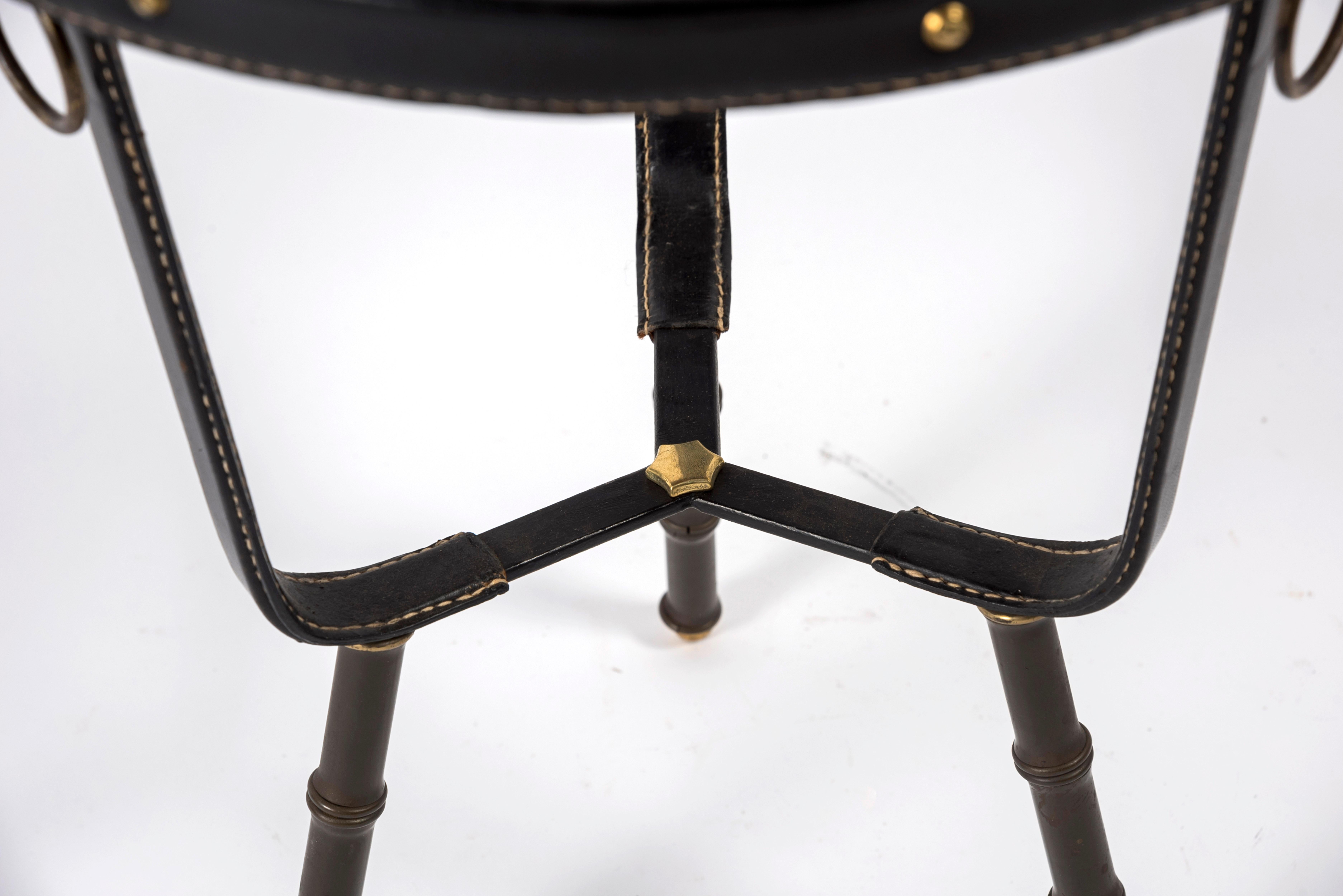 European 1950's Stitched Leather Side Table by Jacques Adnet