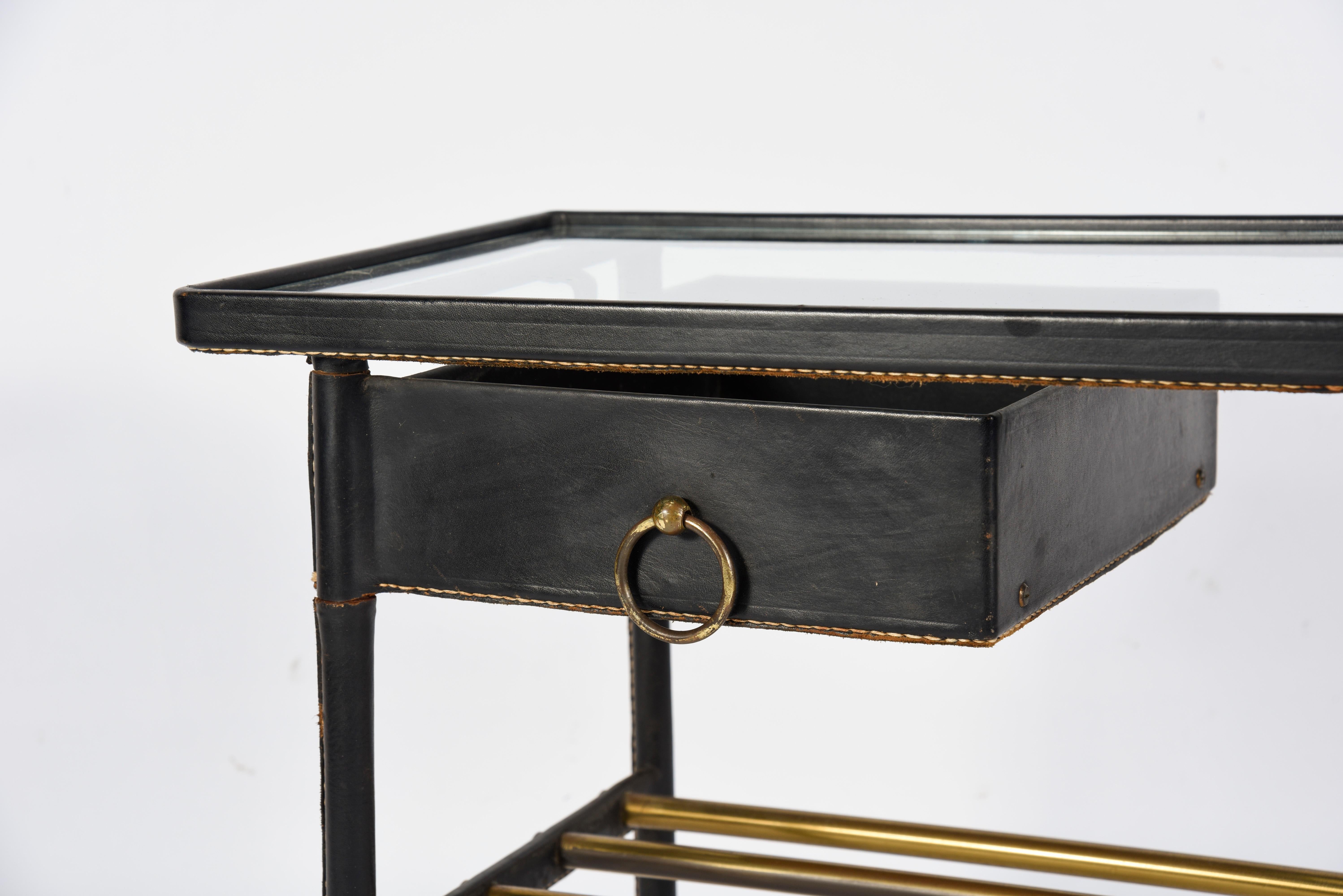 1950s Stitched Leather Side Table by Jacques Adnet In Good Condition In Bois-Colombes, FR