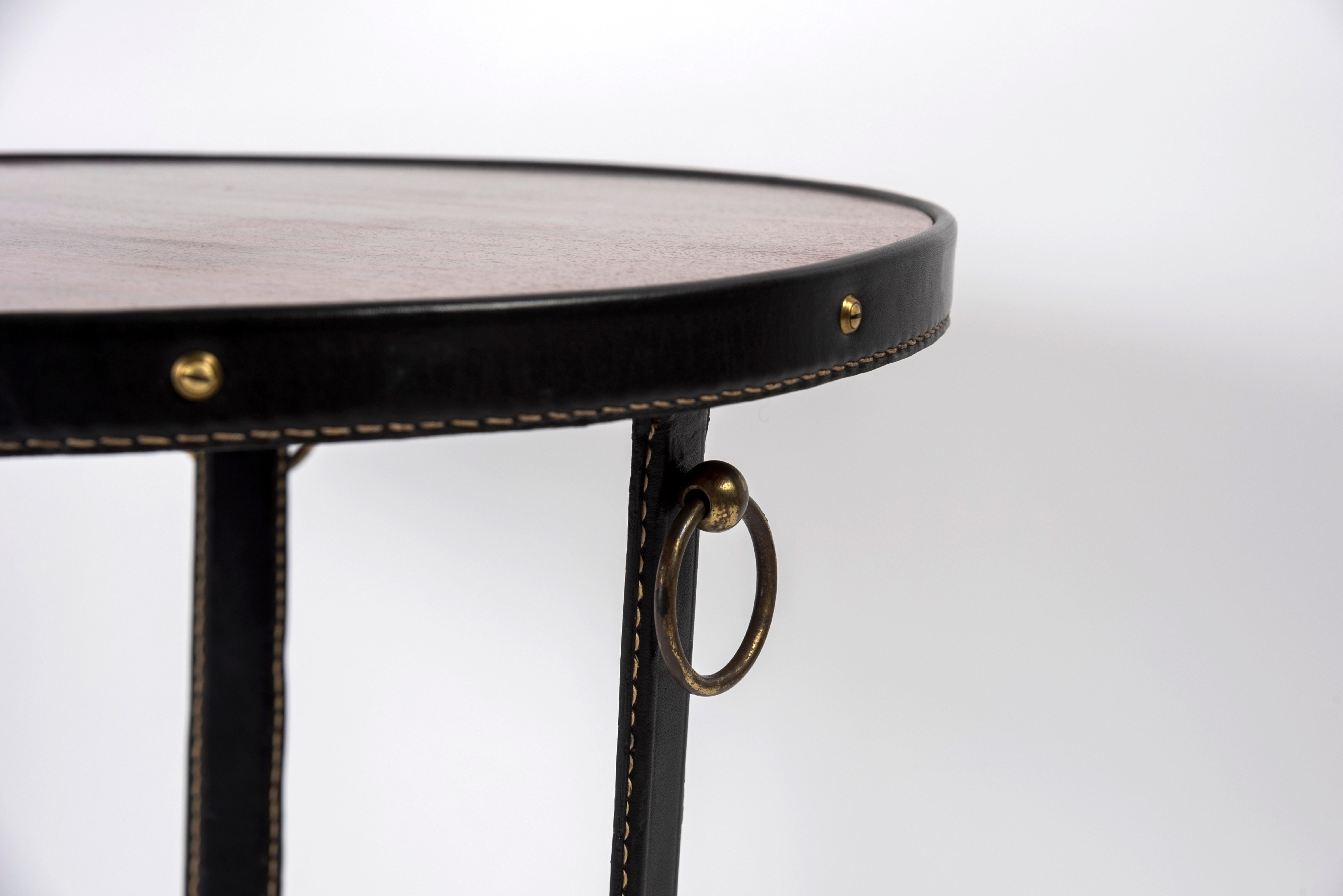 1950's Stitched Leather Side Table by Jacques Adnet In Good Condition In Bois-Colombes, FR