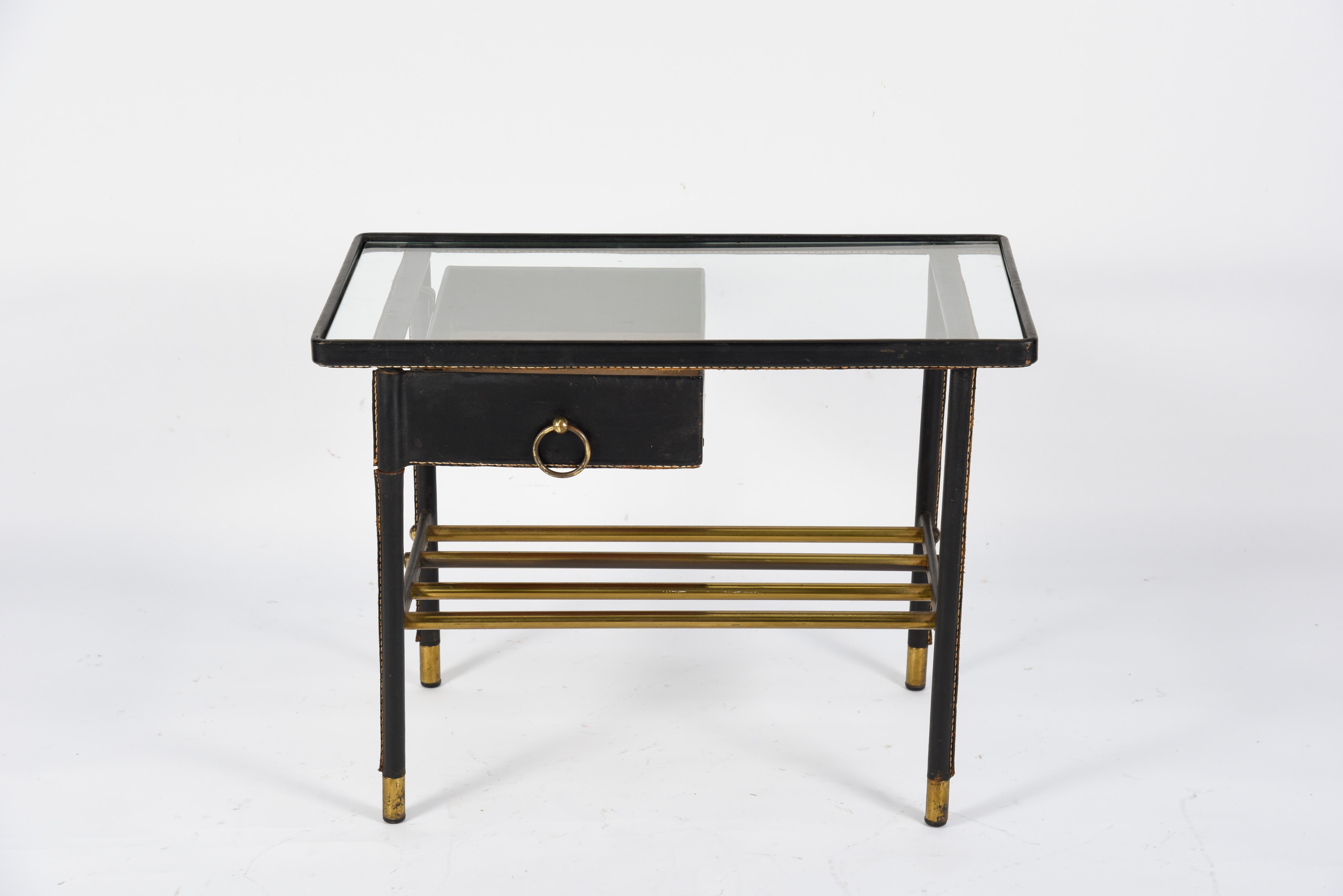 Mid-20th Century 1950s Stitched Leather Side Table by Jacques Adnet
