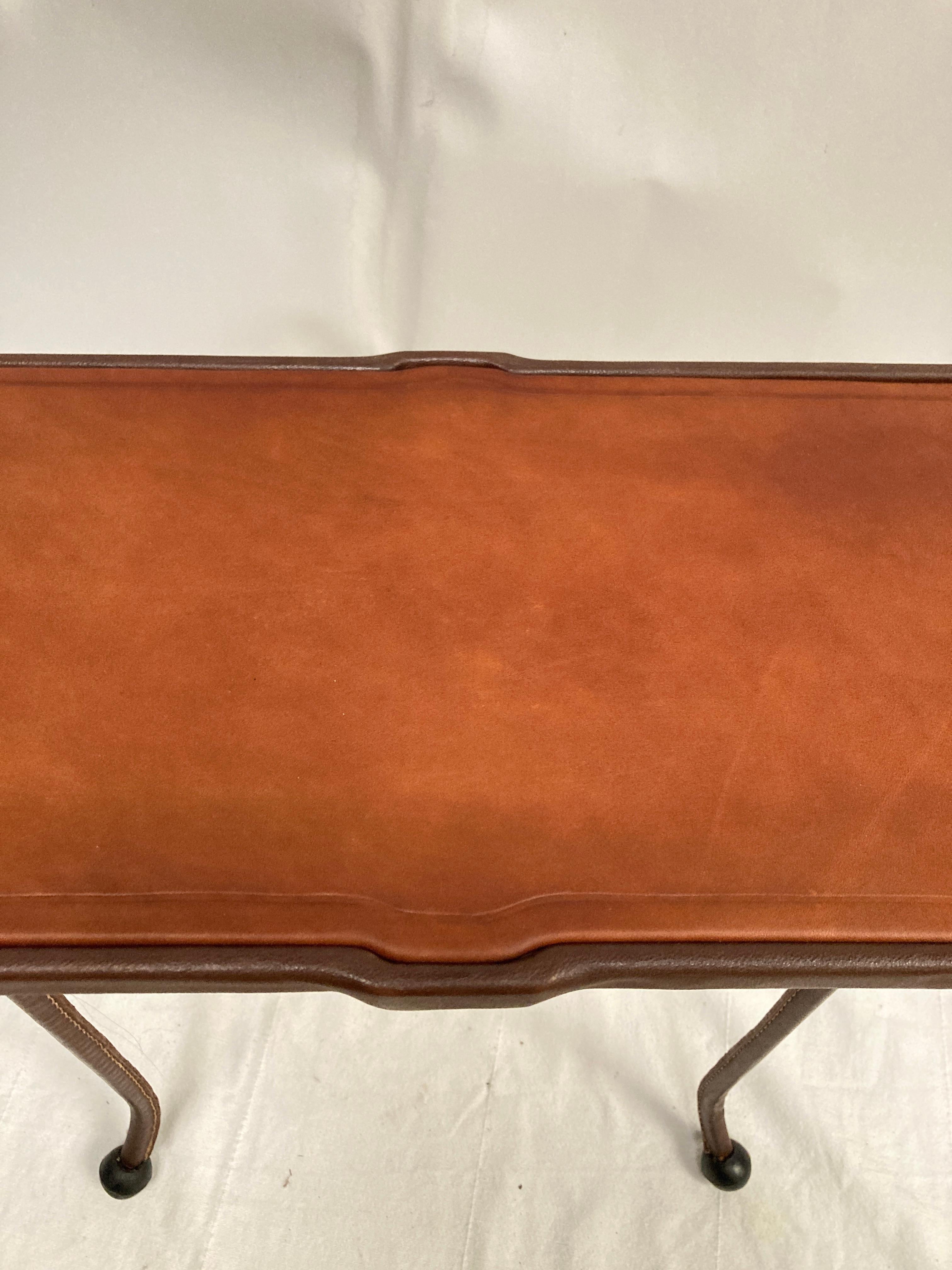 Mid-20th Century 1950's Stitched leather side table by Jacques Adnet For Sale