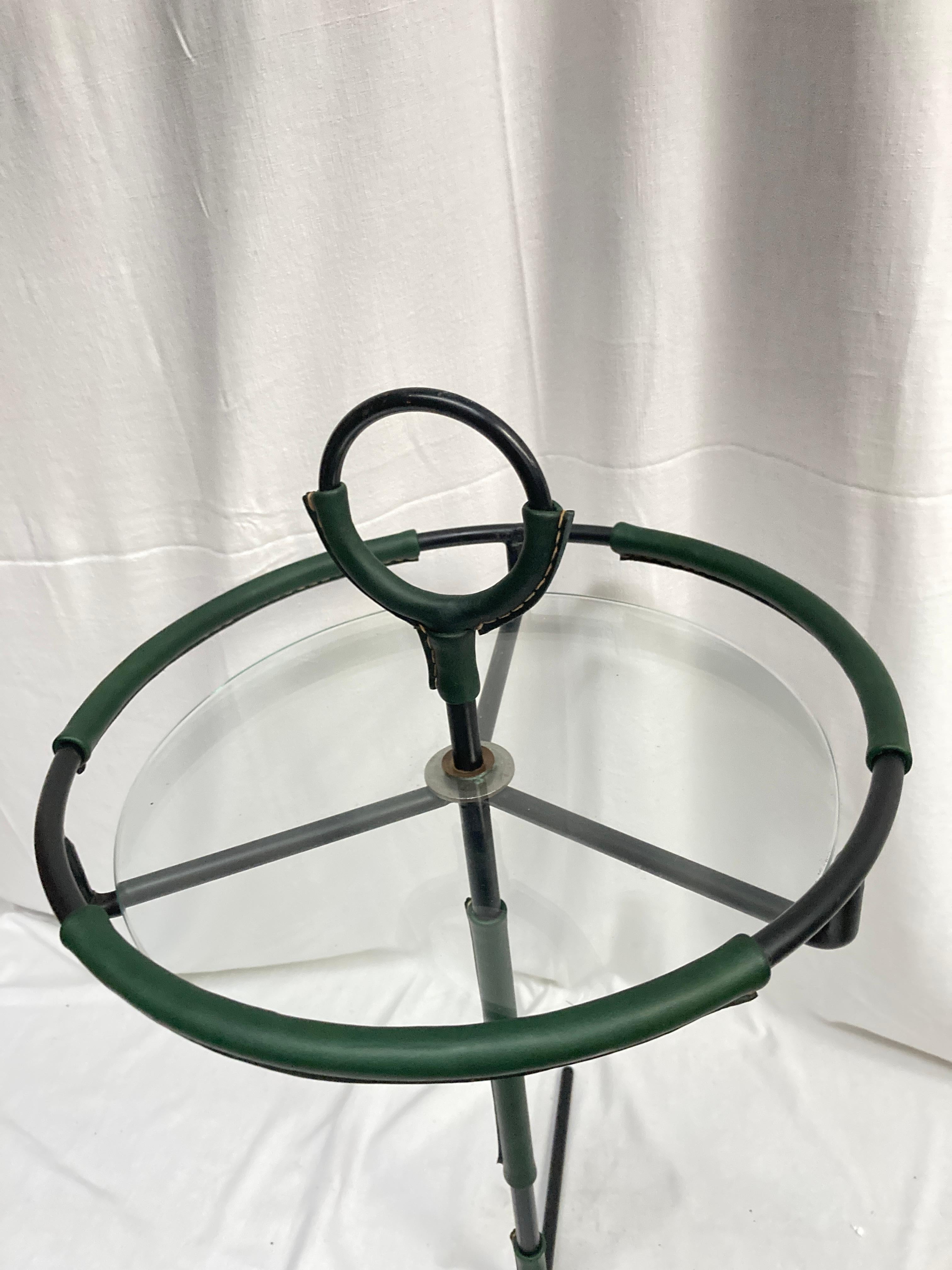 Metal 1950's Stitched leather side table by Jacques Adnet For Sale