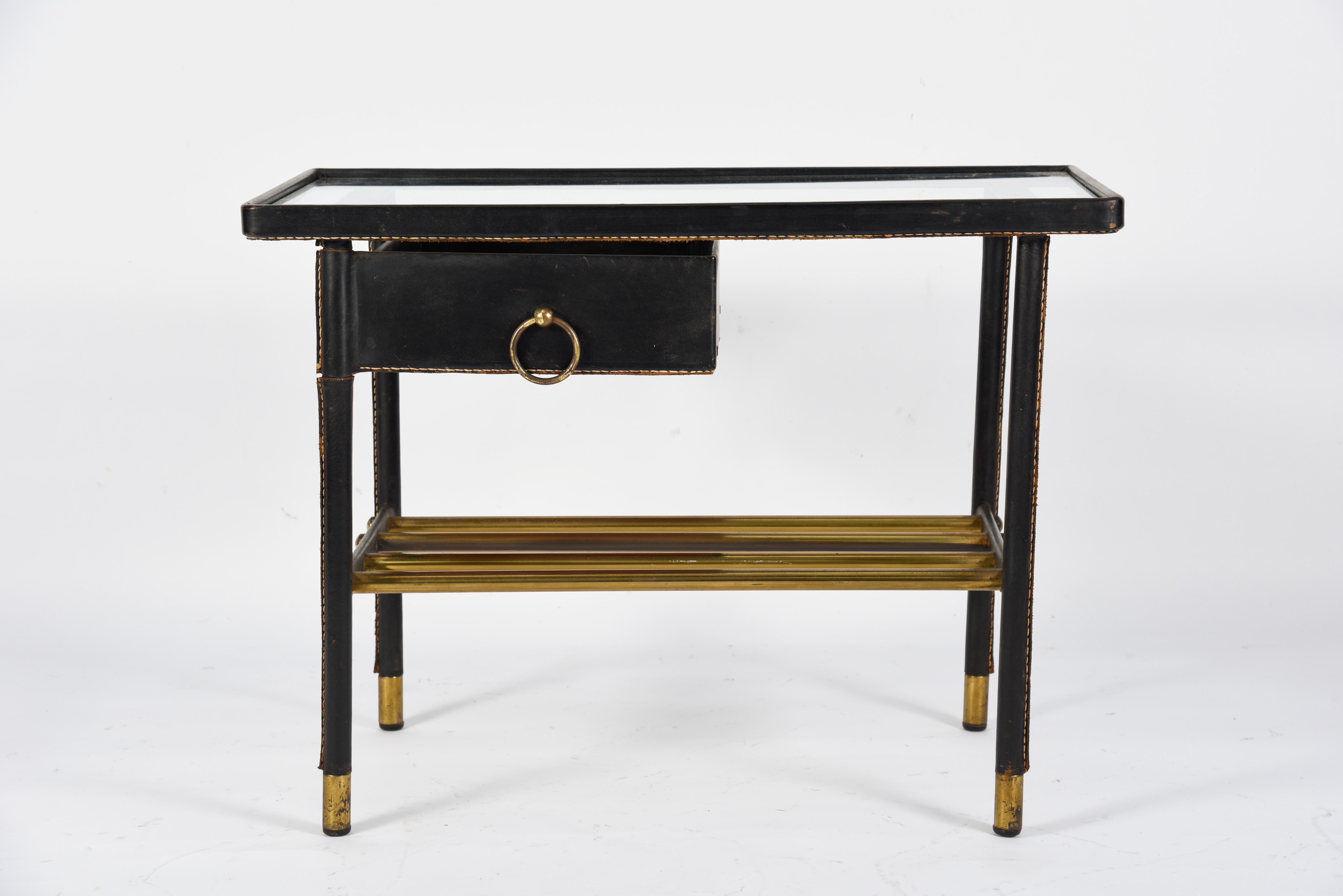 Brass 1950s Stitched Leather Side Table by Jacques Adnet