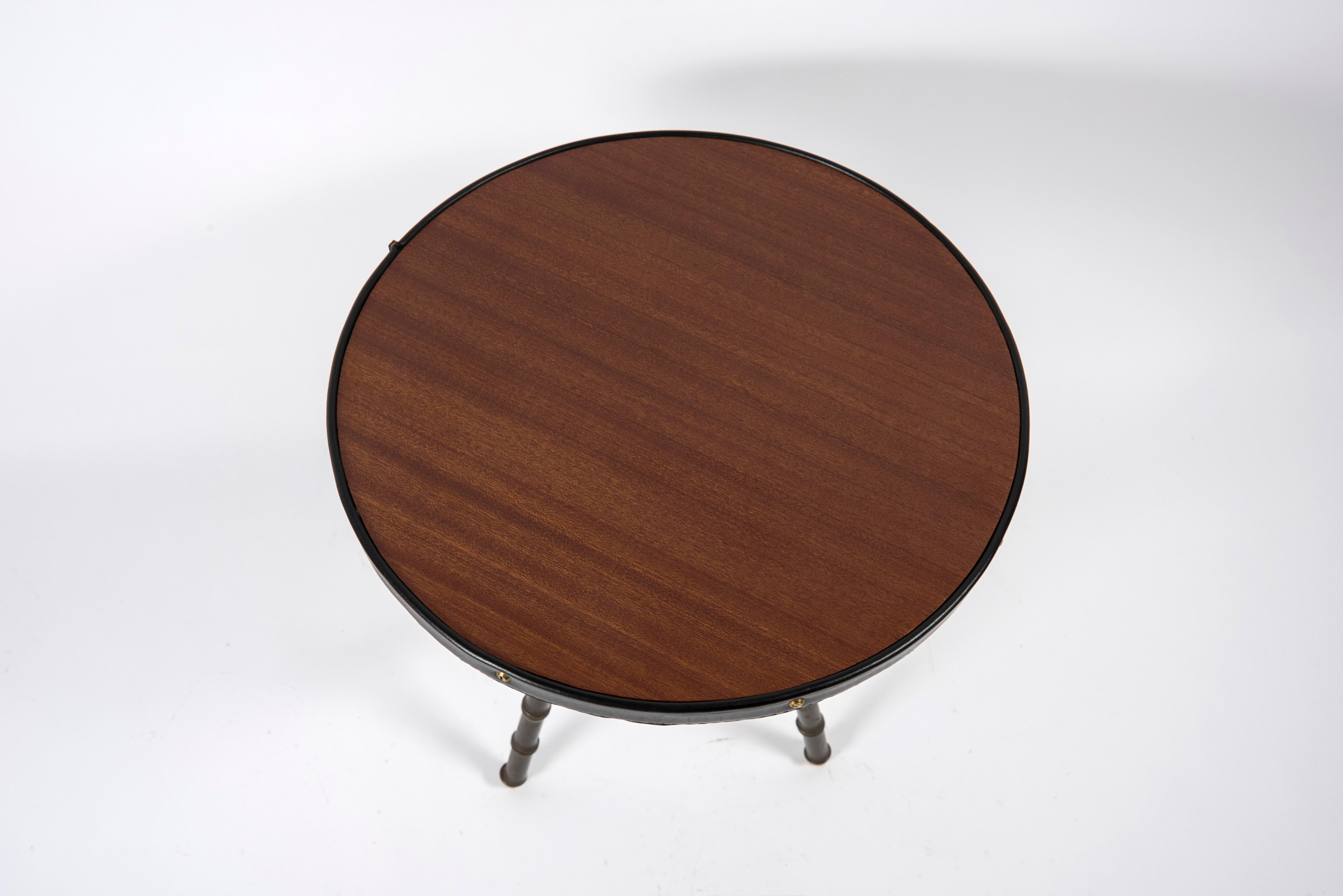 Brass 1950's Stitched Leather Side Table by Jacques Adnet