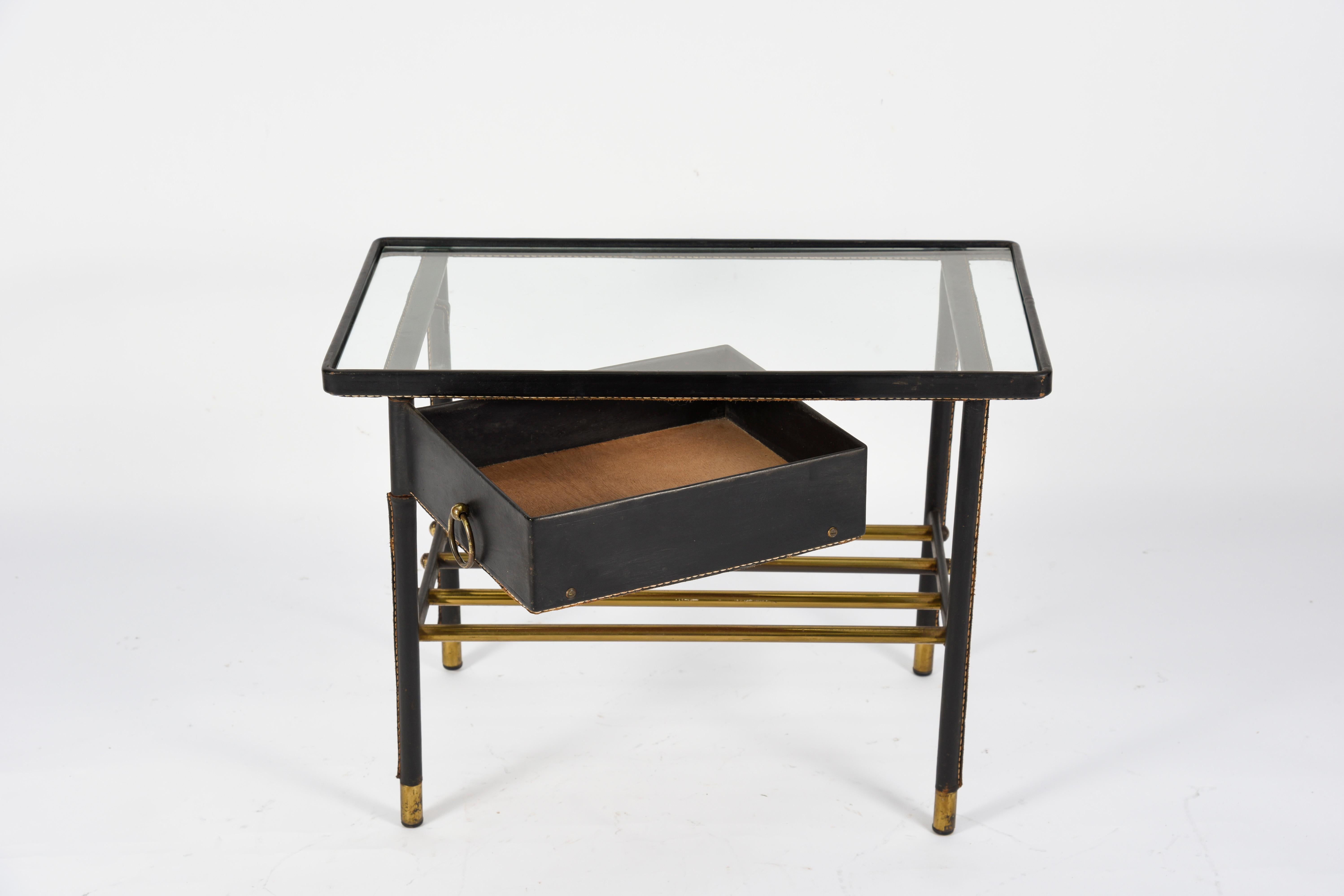 1950s Stitched Leather Side Table by Jacques Adnet 1