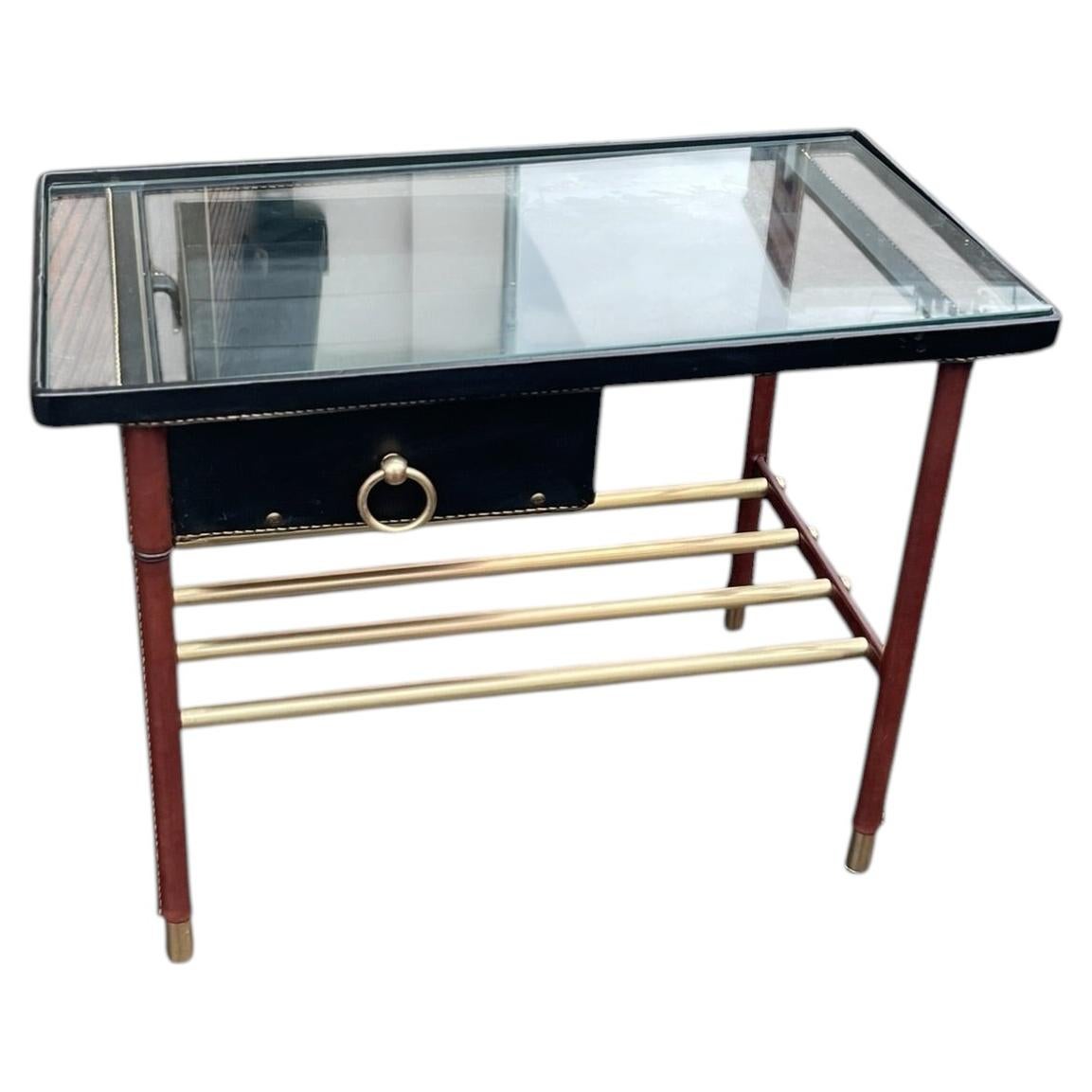 1950's Stitched leather side table by Jacques Adnet