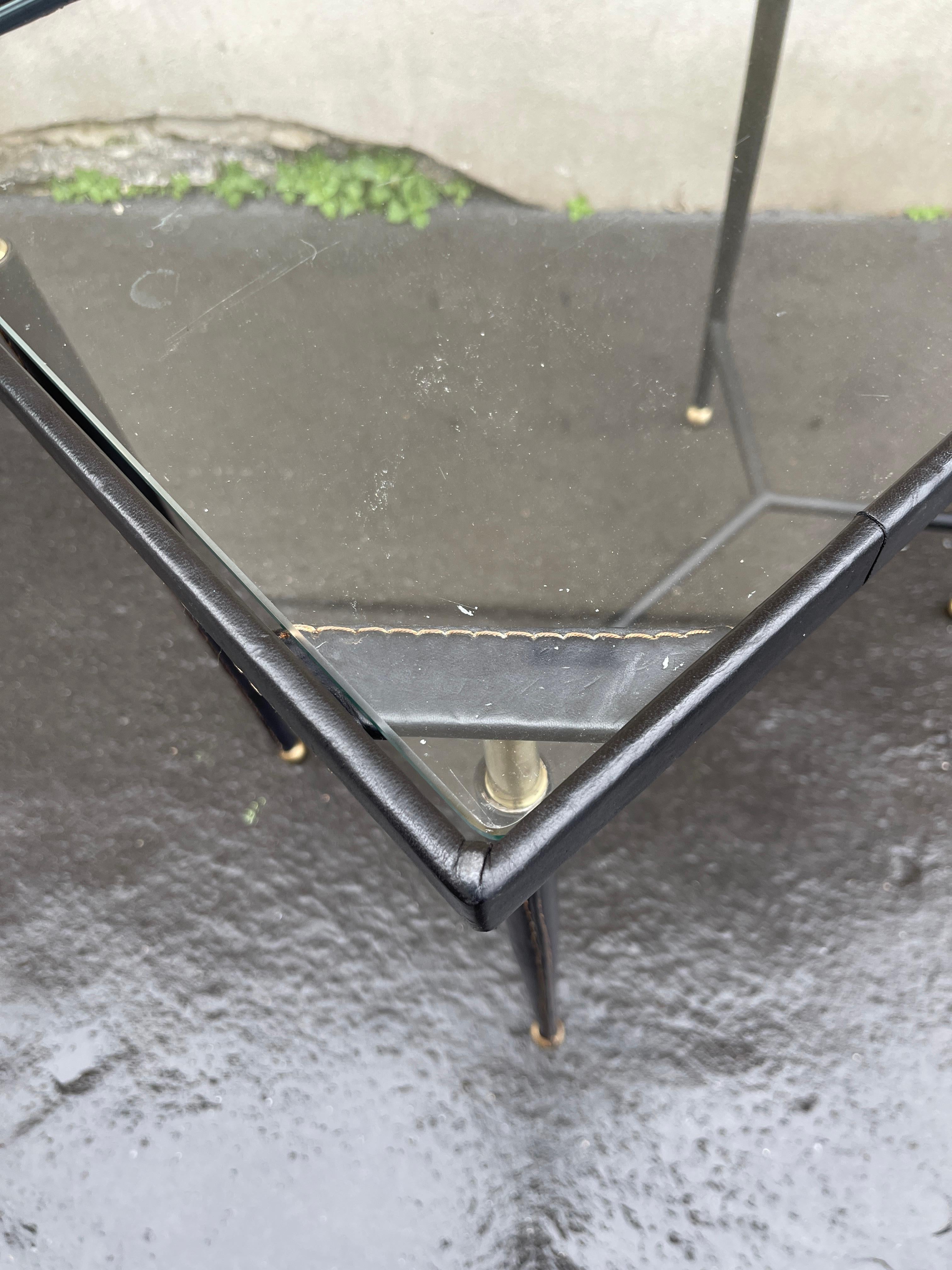 Brass 1950's Stitched leather side table by Jules Leleu For Sale