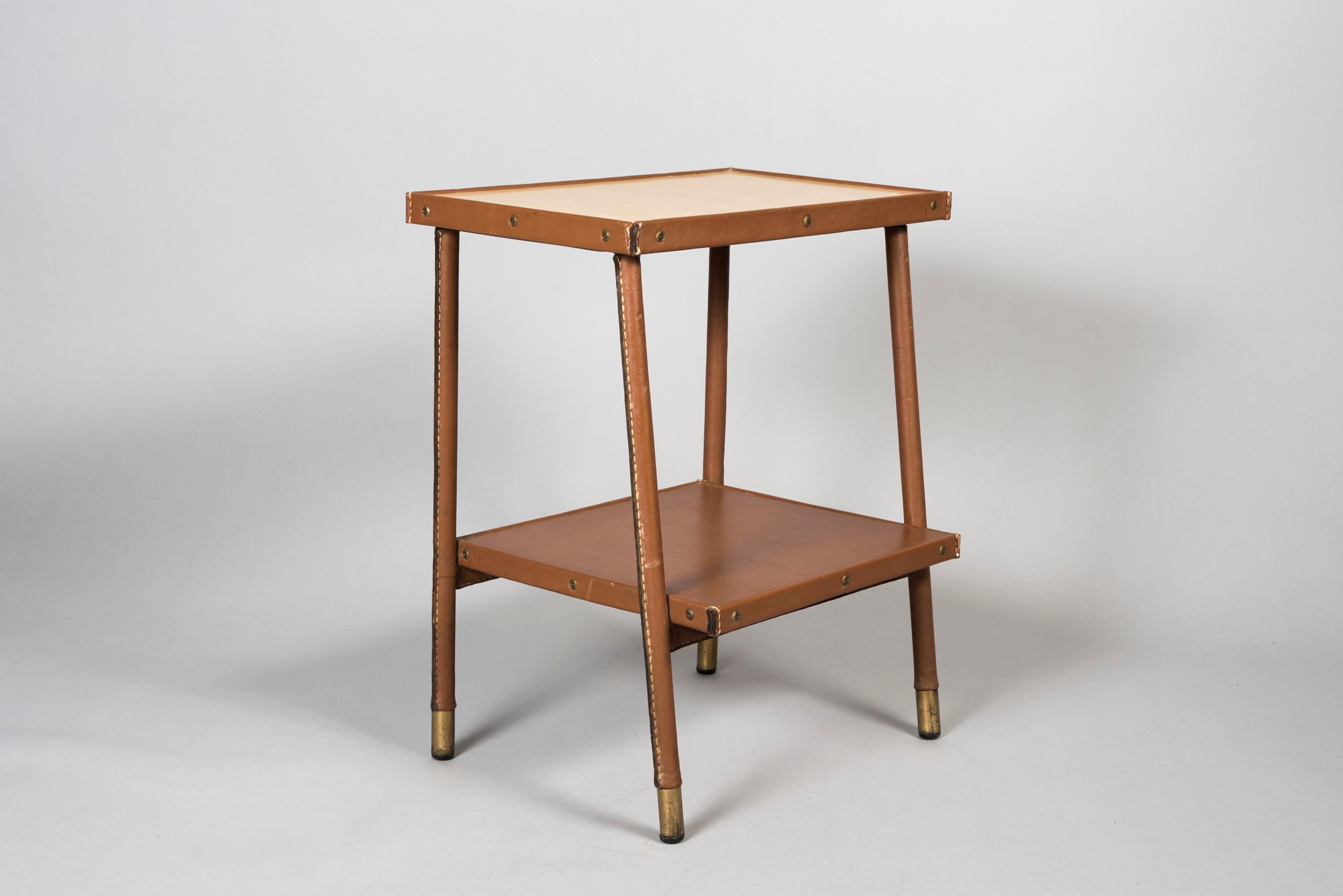 European 1950's Stitched leather Side tables by Jacques Adnet