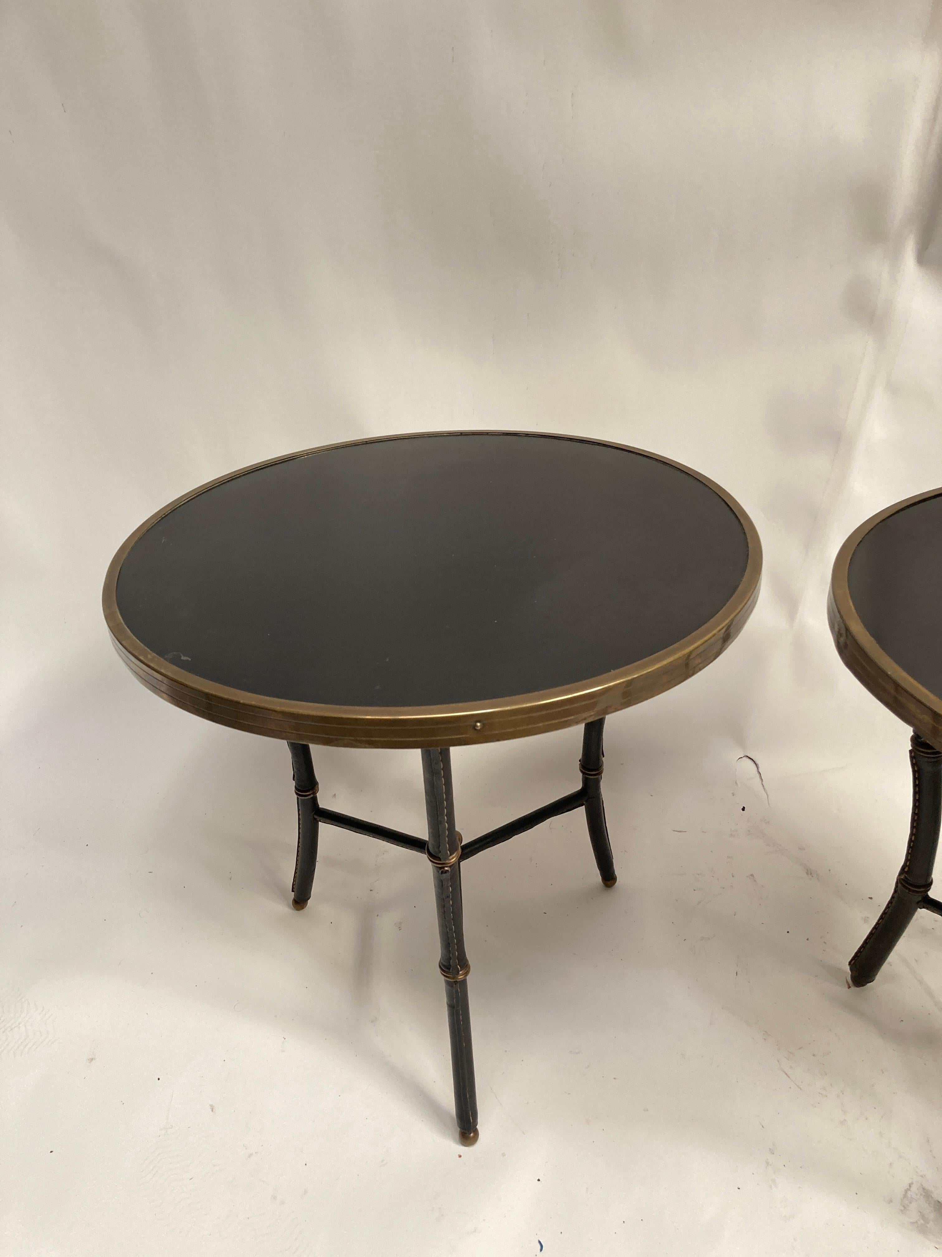 French 1950's Stitched leather side tables by Jacques Adnet For Sale