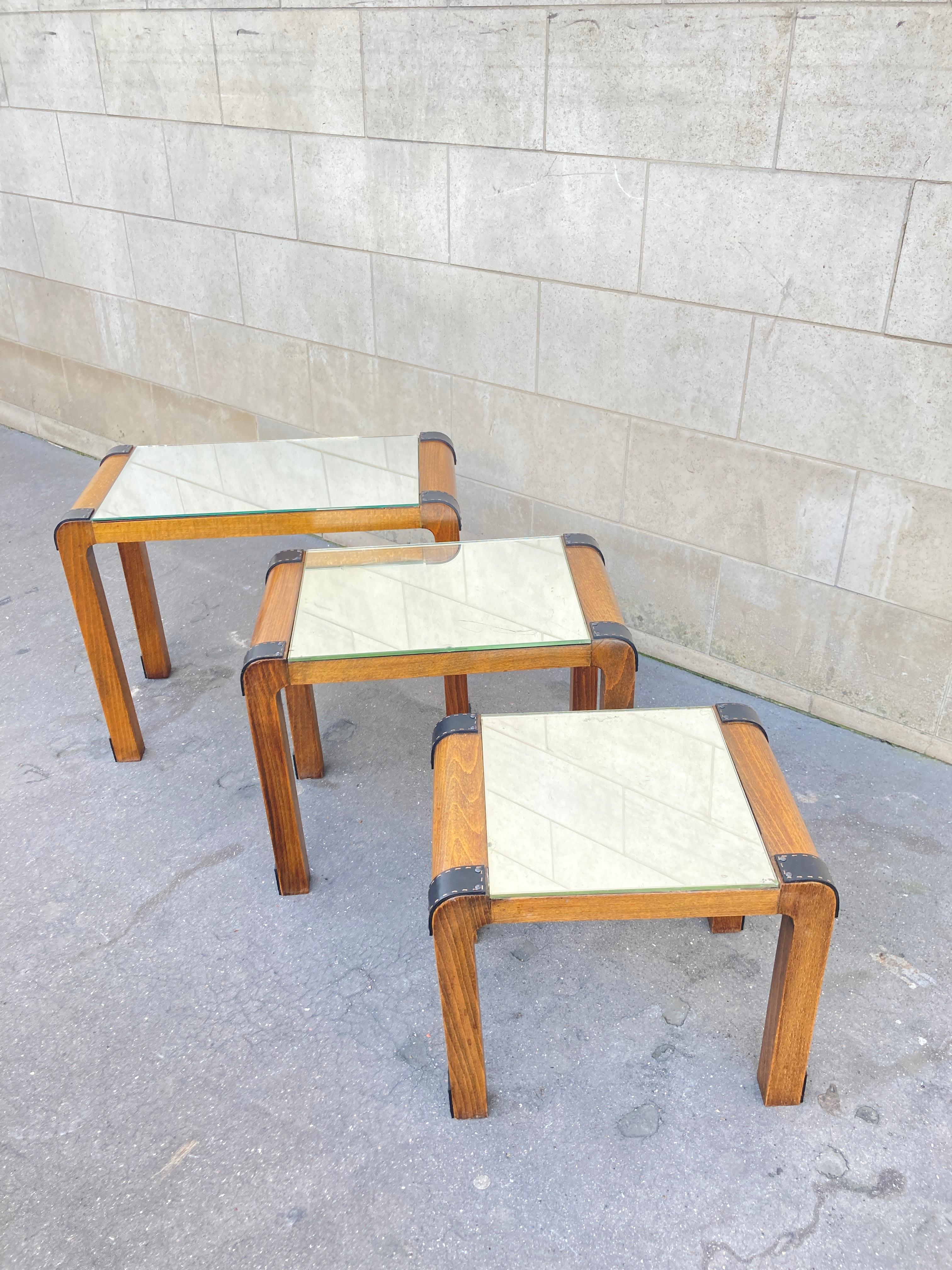 Mid-20th Century 1950's Stitched leather Side tables By Jacques Adnet For Sale